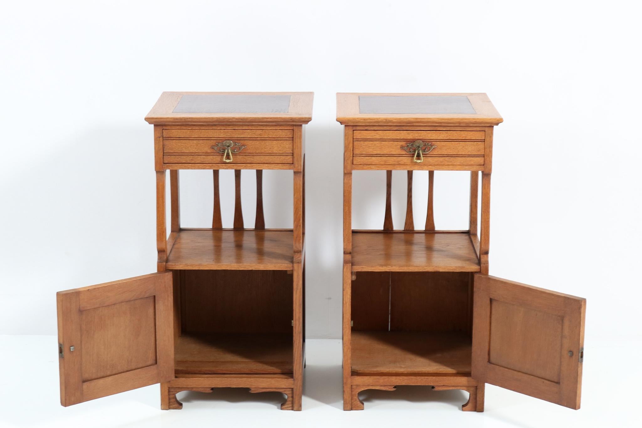 Belgian Two Oak Art Nouveau Arts & Crafts Nightstands or Bedside Tables, 1900s