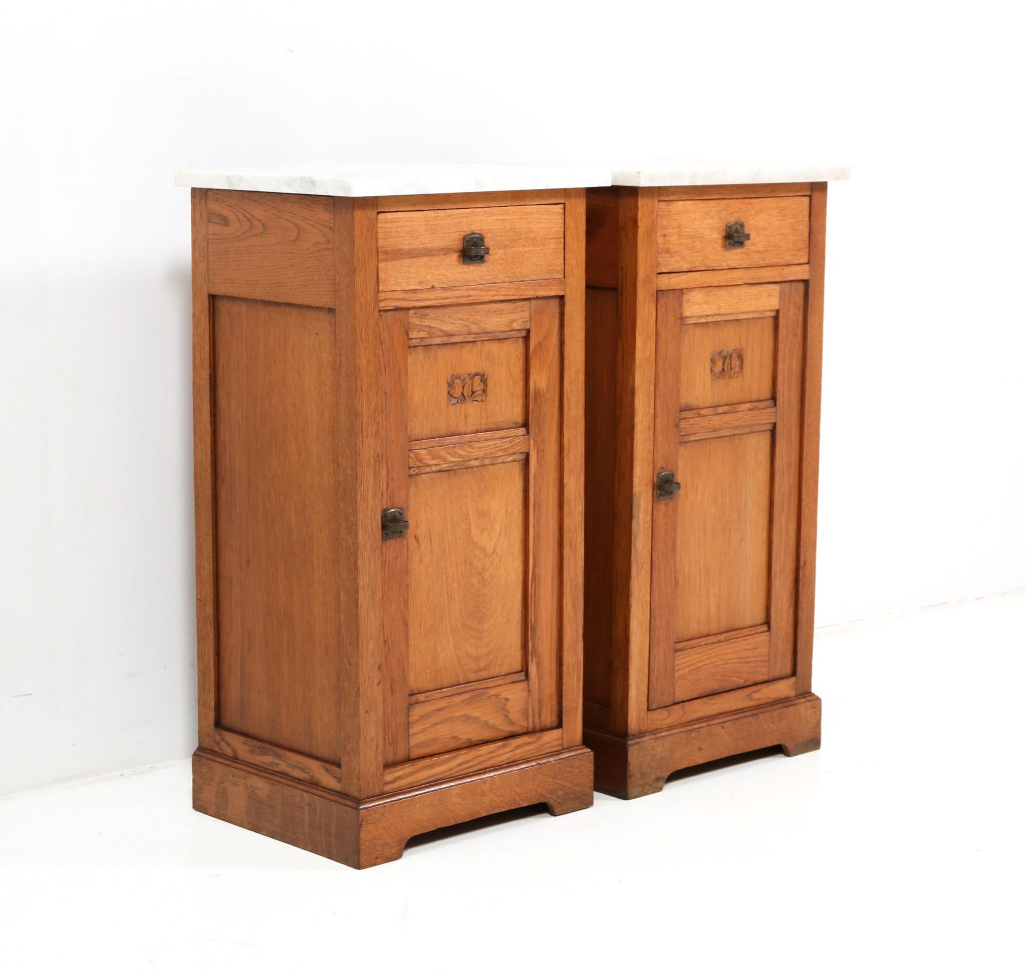 Brass Two Oak Art Nouveau Jugendstil Nightstands or Bedside Tables, 1900s