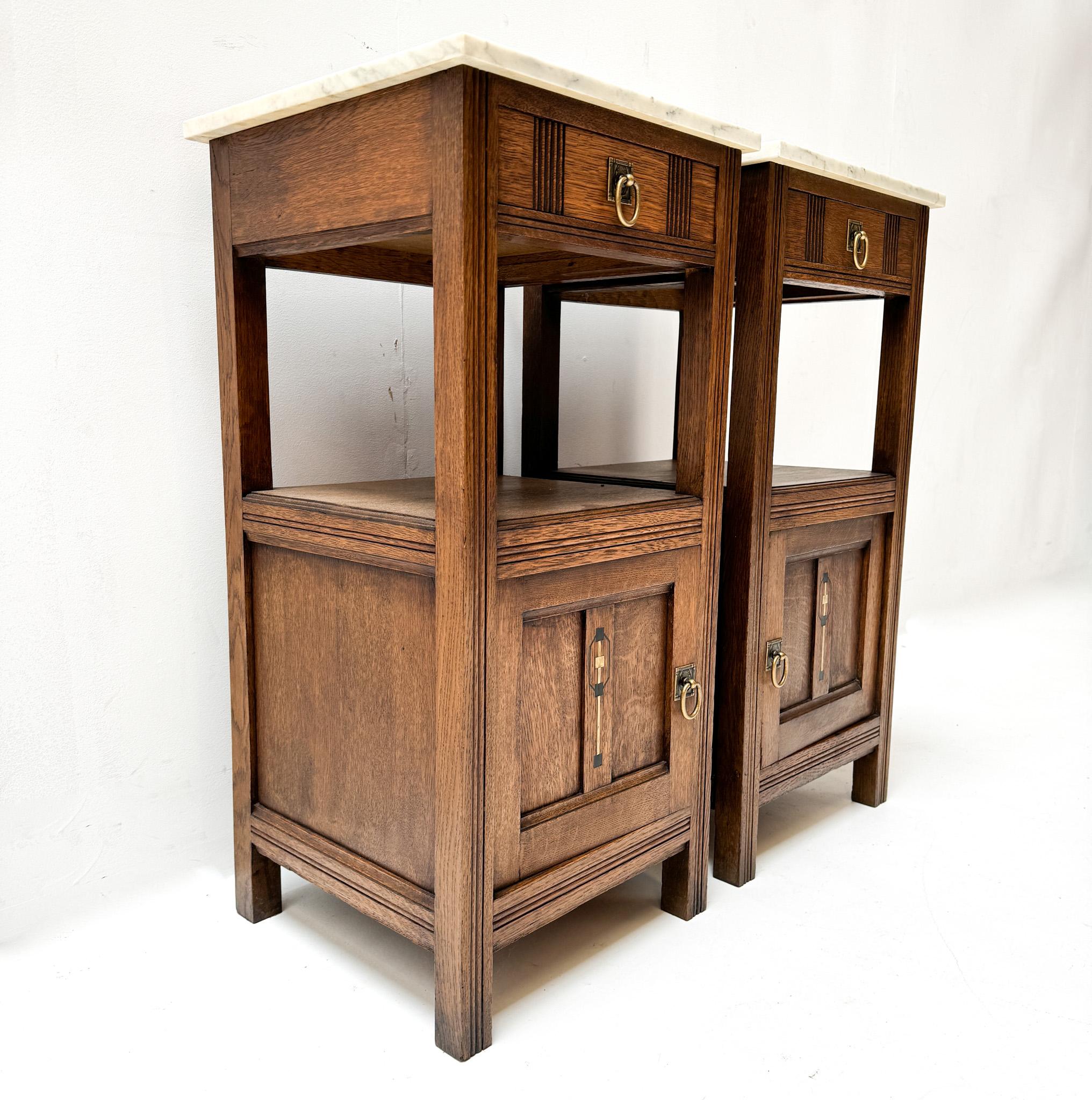 French Two Oak Art Nouveau Nightstands or Bedside Tables, 1900s For Sale