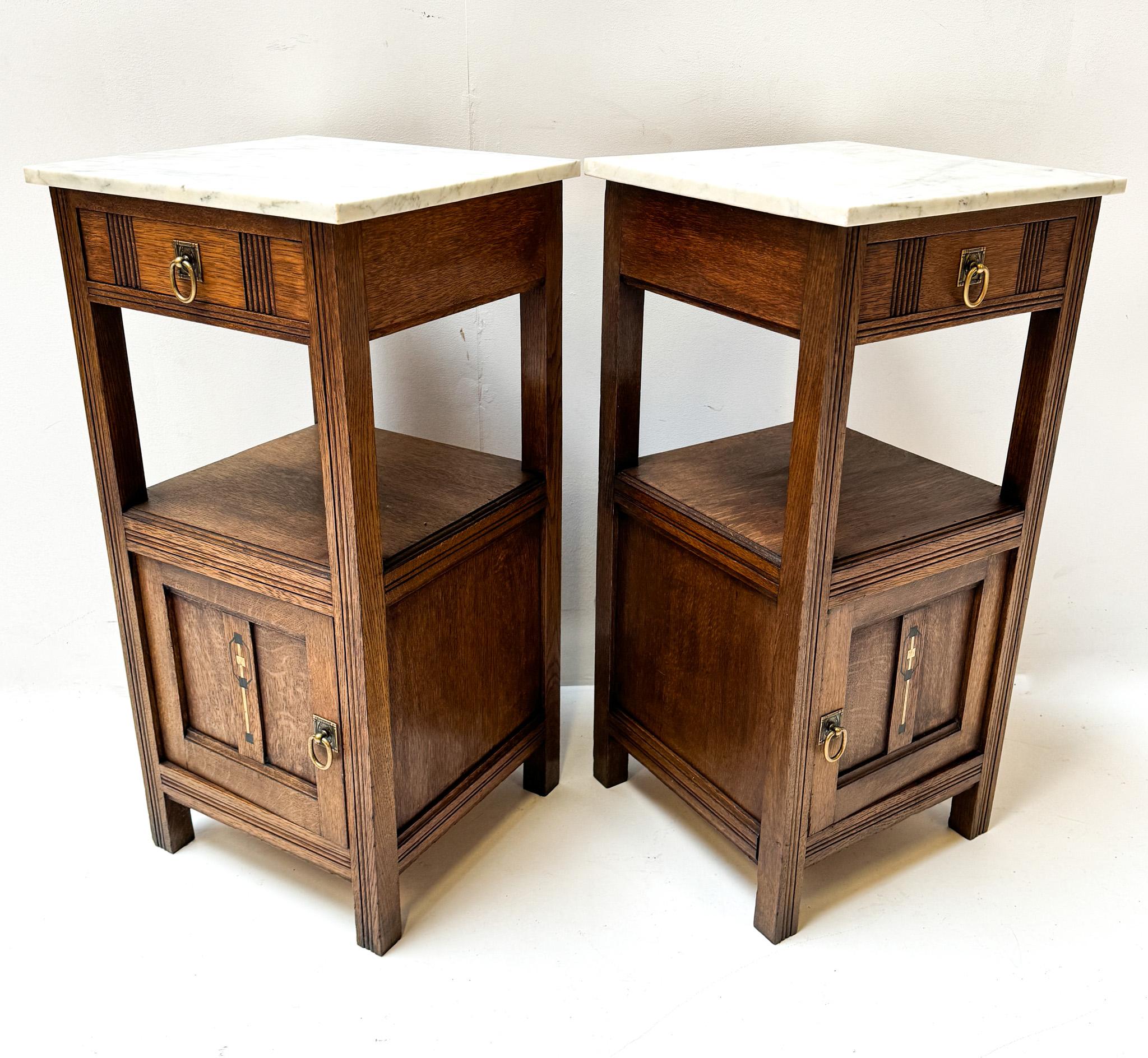 Early 20th Century Two Oak Art Nouveau Nightstands or Bedside Tables, 1900s For Sale