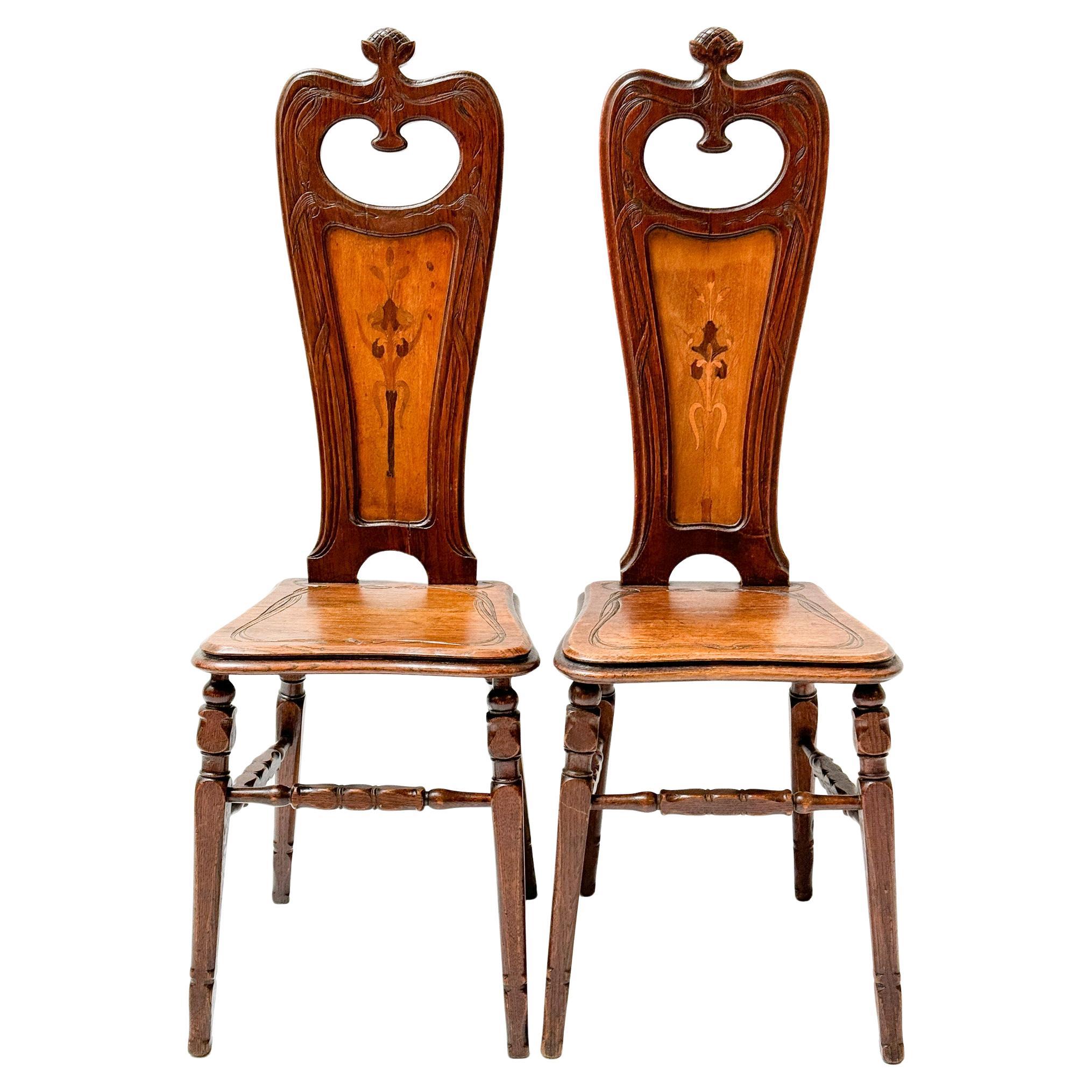 Two Oak Art Nouveau Side Chairs by Emile Gallé, 1890s For Sale