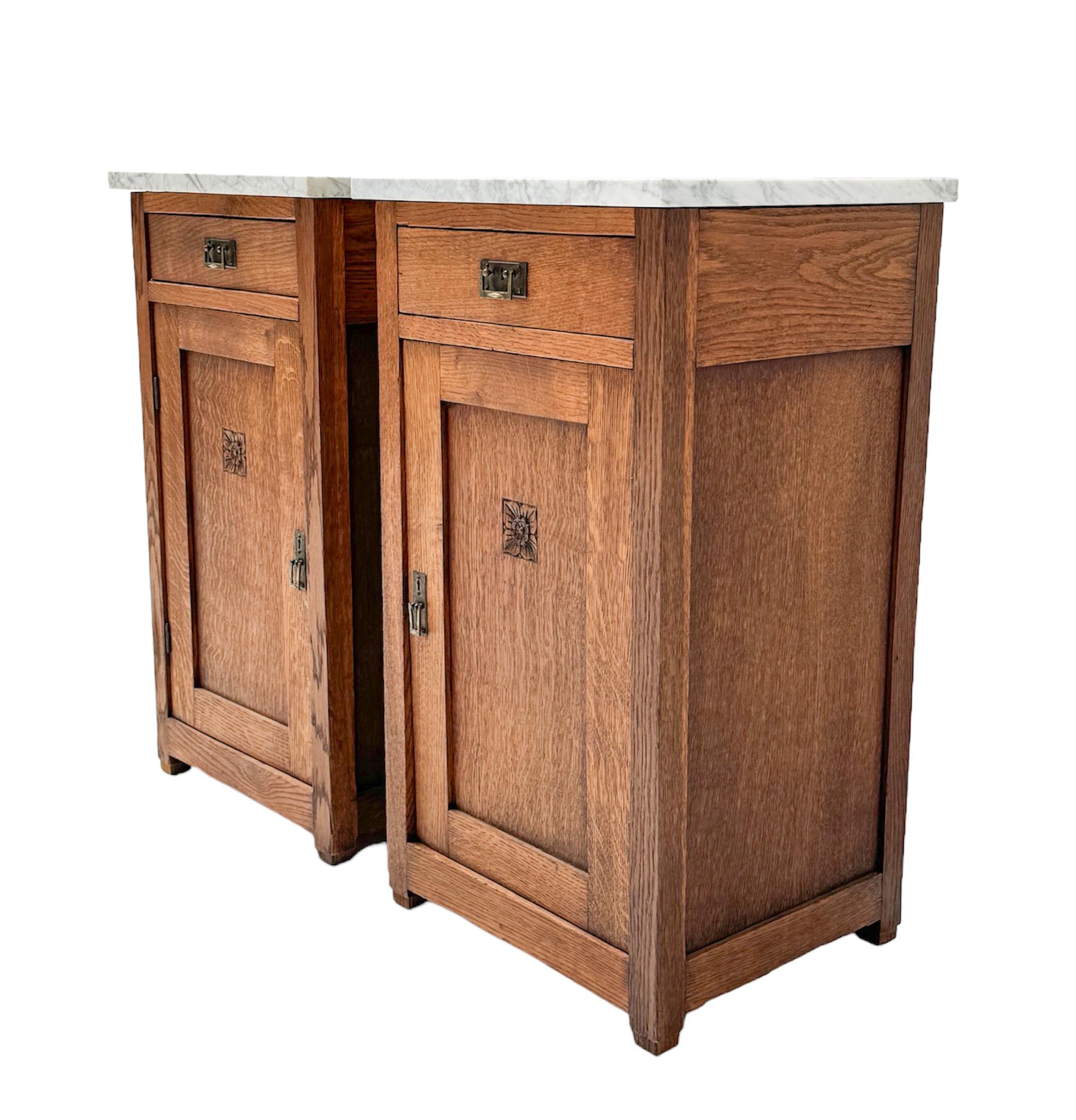 Dutch Two Oak Arts & Crafts Art Nouveau Nightstands or Bedside Tables, 1900s