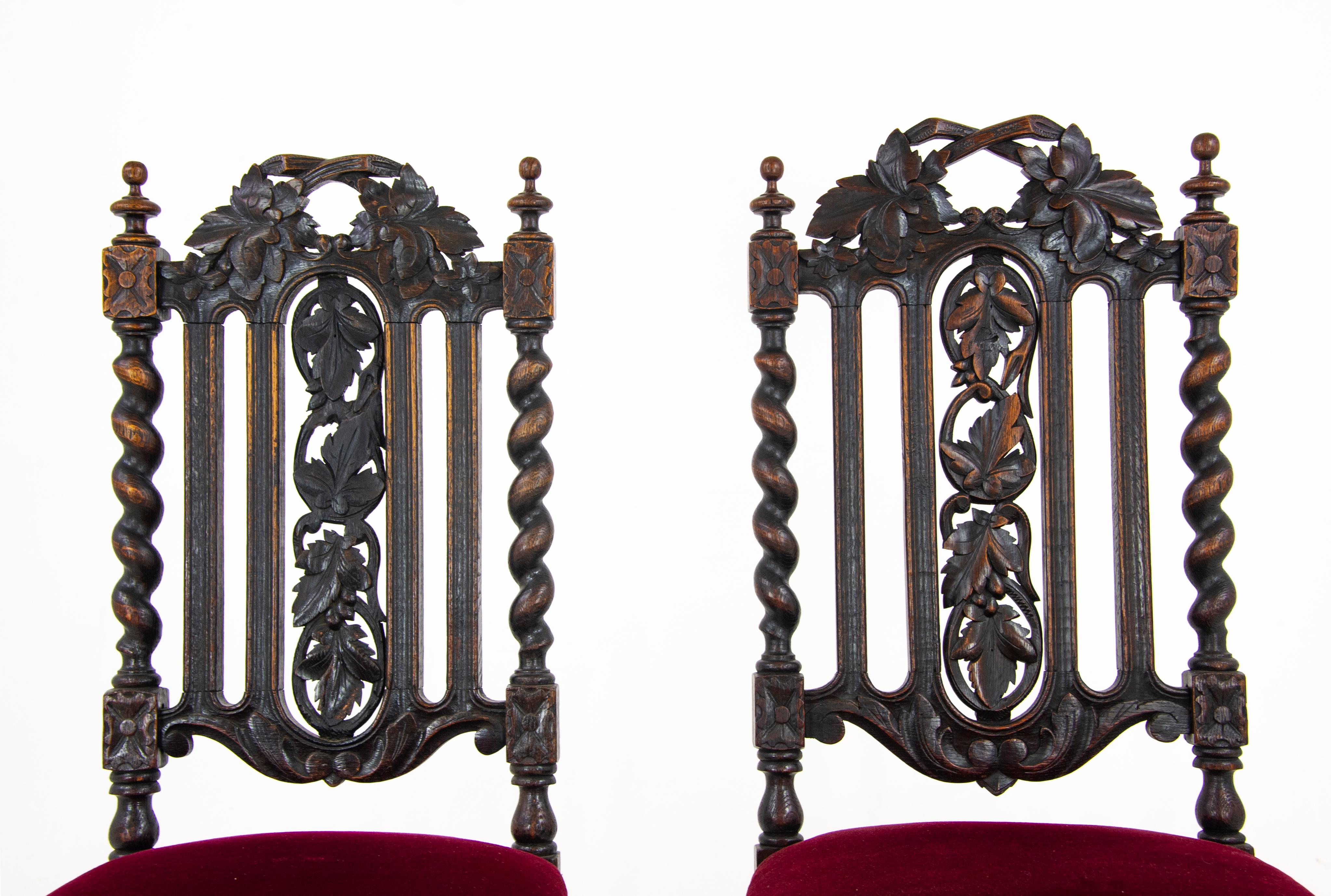 Two-Oak Carved Chairs, Hall Chairs, Barley Twist, Scotland 1880 1