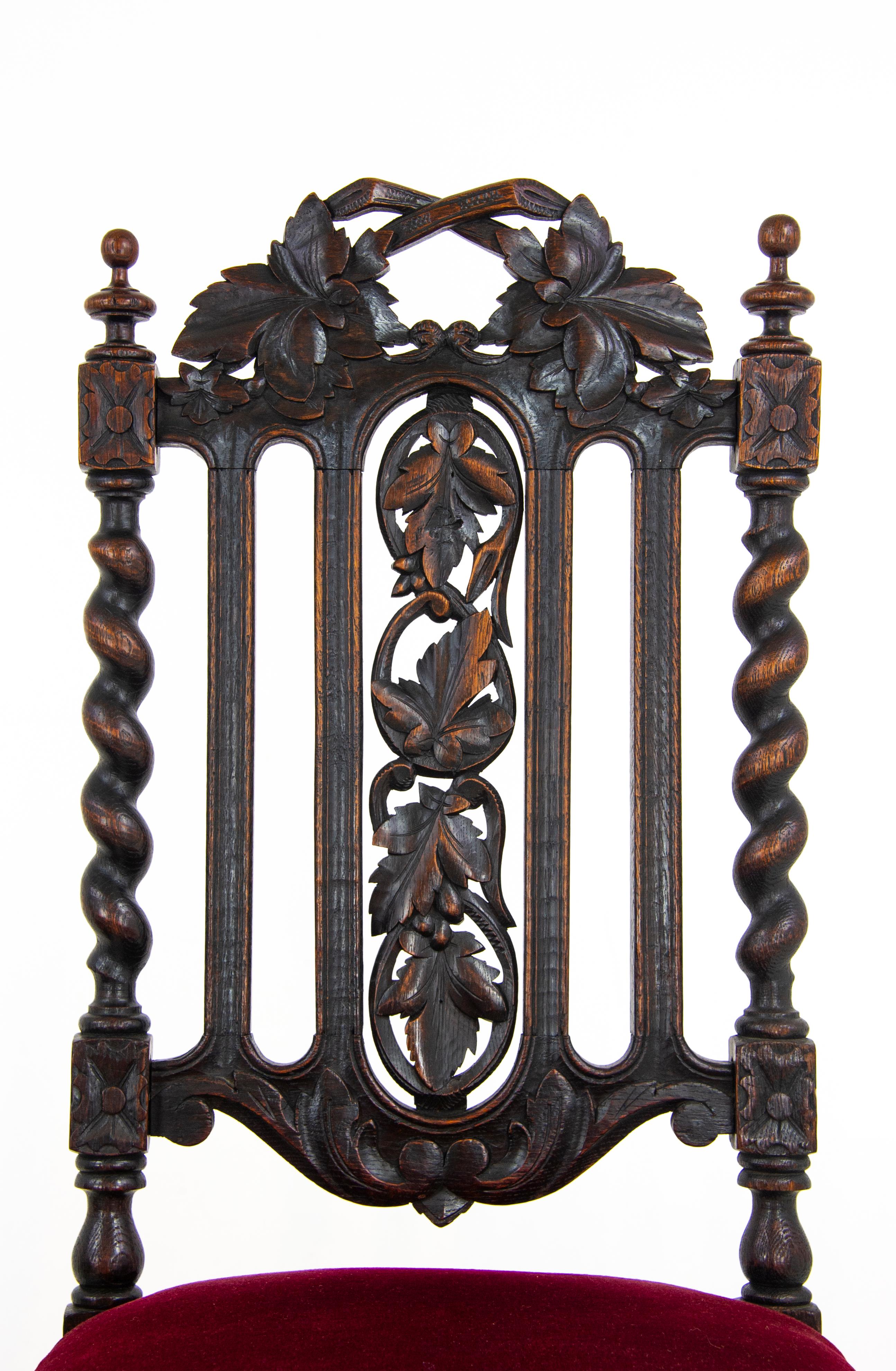 Two-Oak Carved Chairs, Hall Chairs, Barley Twist, Scotland 1880 3