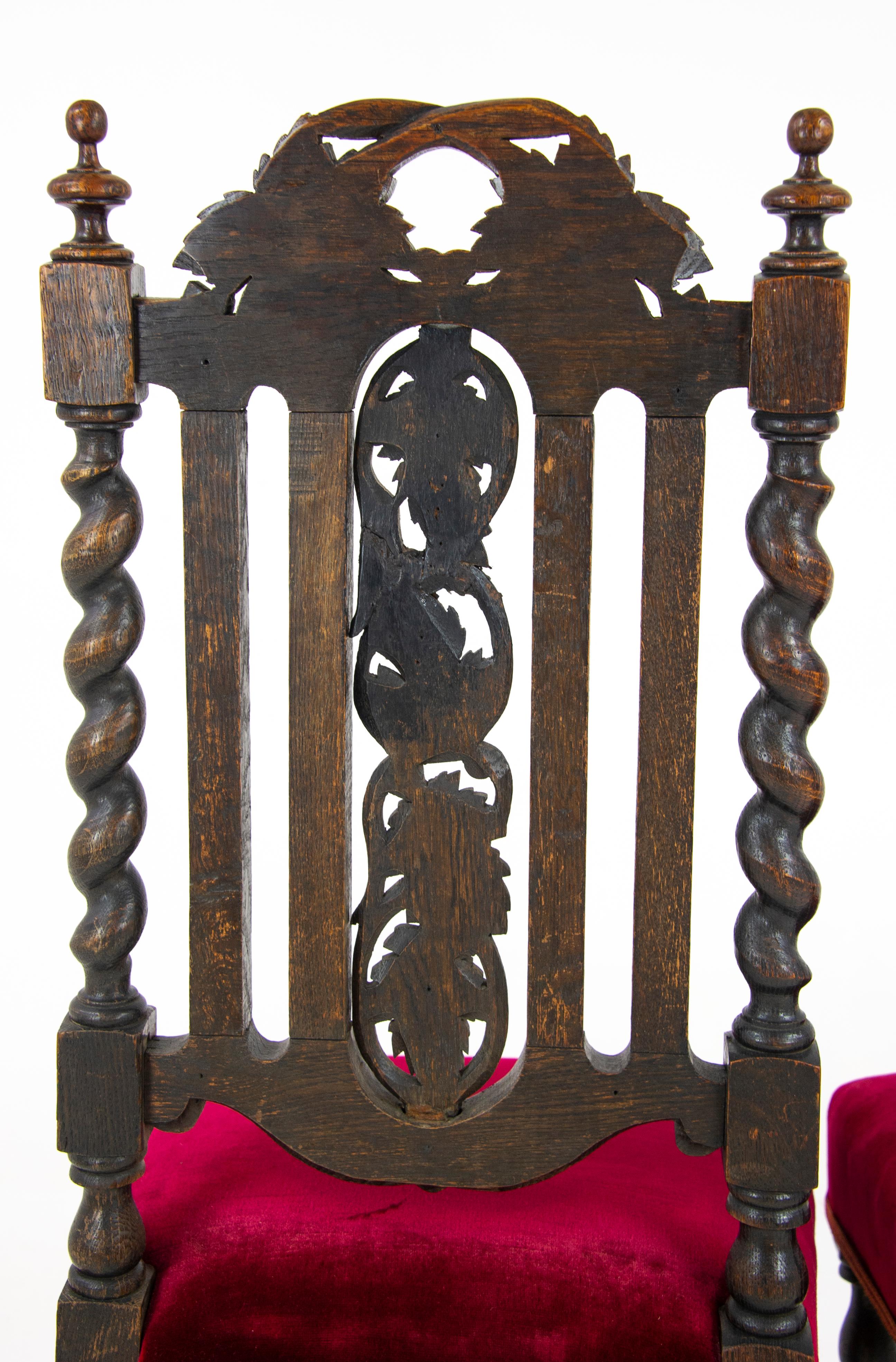 Two-Oak Carved Chairs, Hall Chairs, Barley Twist, Scotland 1880 6