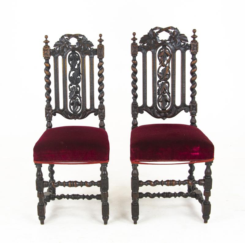 Two-oak carved chairs, hall chairs, barley twist, scotland 1880, antique furniture

Solid oak
Original dark oak finish
Intricately carved open back
Barley twist supports to the top
Red velvet upholstery sprung seats
Ending on turned legs to