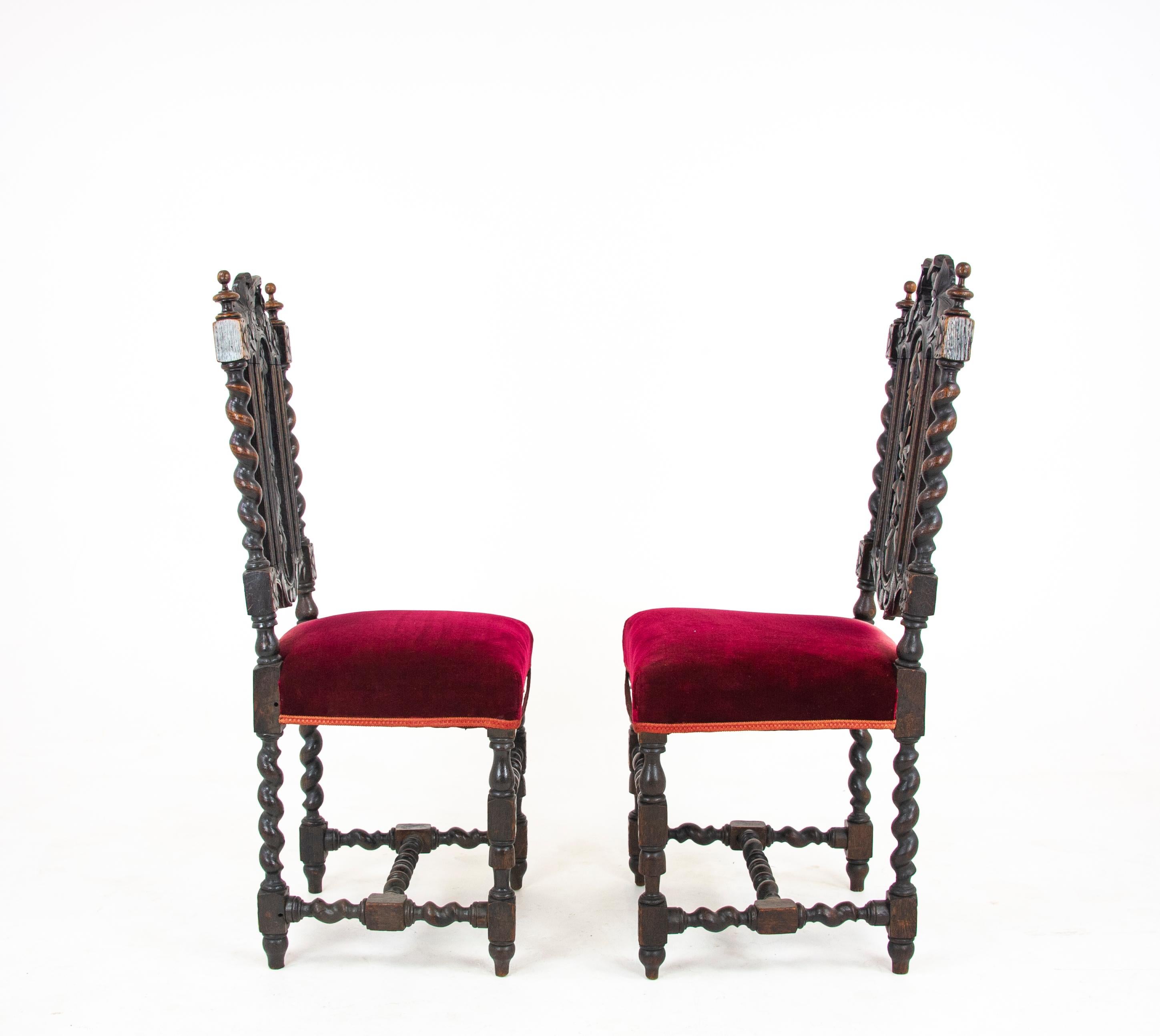 Scottish Two-Oak Carved Chairs, Hall Chairs, Barley Twist, Scotland 1880