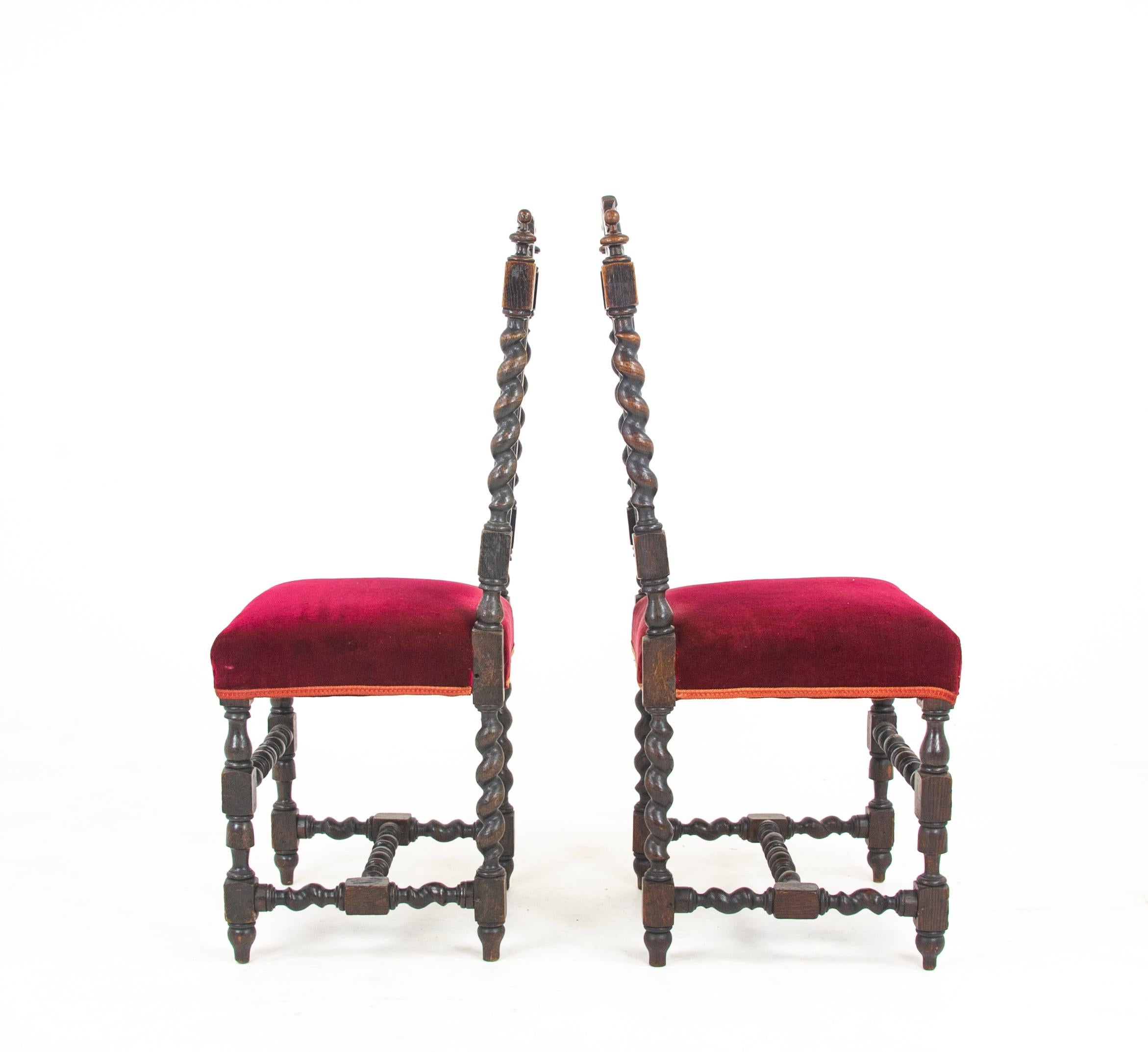 Hand-Crafted Two-Oak Carved Chairs, Hall Chairs, Barley Twist, Scotland 1880