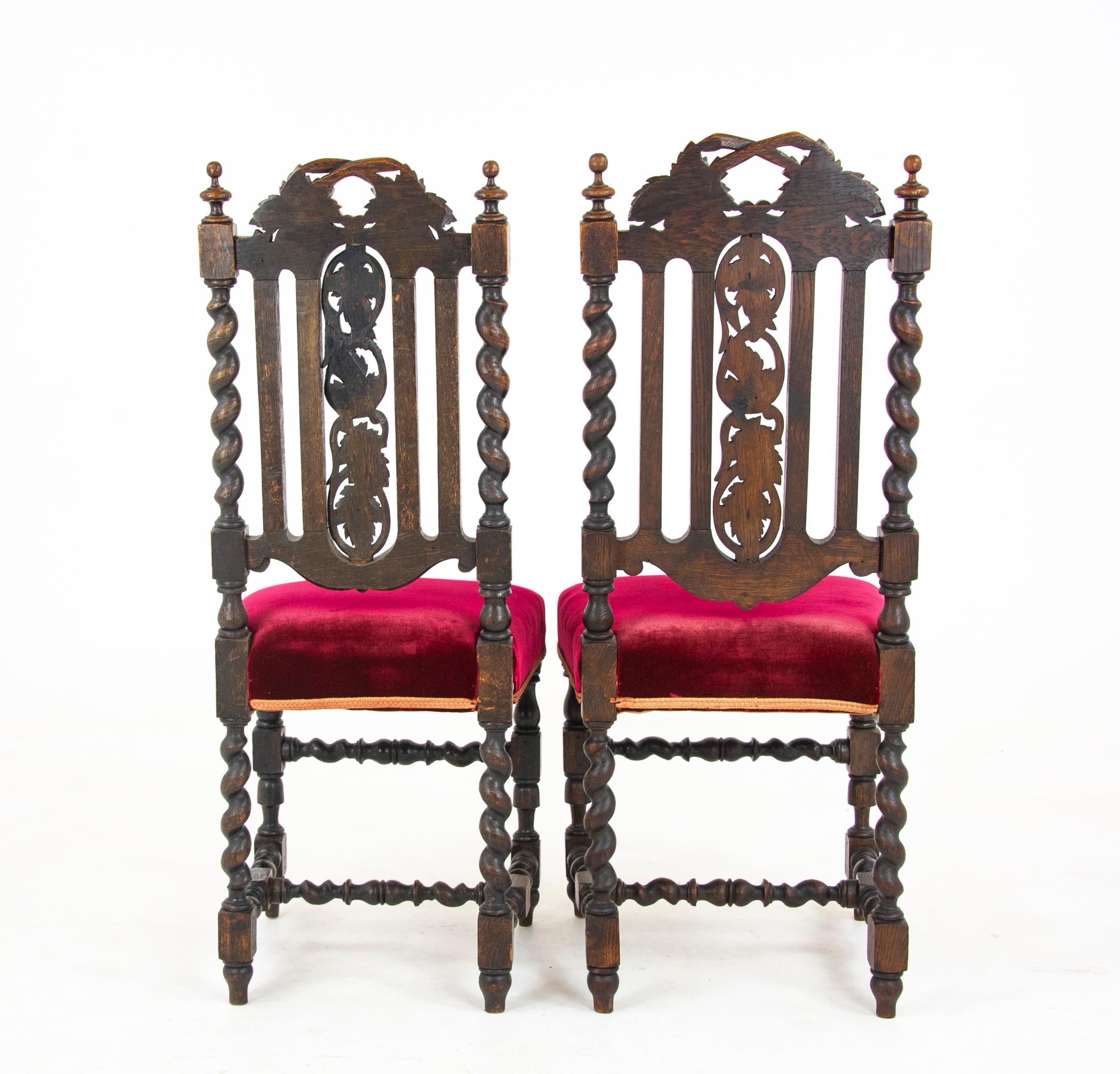 Two-Oak Carved Chairs, Hall Chairs, Barley Twist, Scotland 1880 In Good Condition In Vancouver, BC