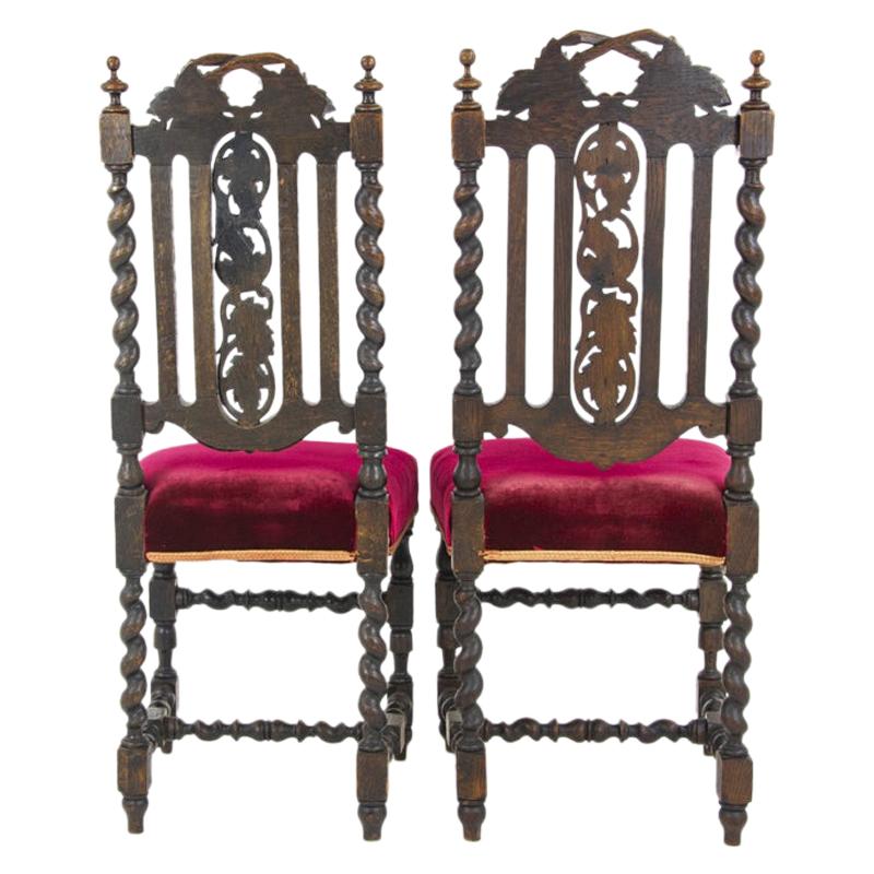 Two-Oak Carved Chairs, Hall Chairs, Barley Twist, Scotland 1880