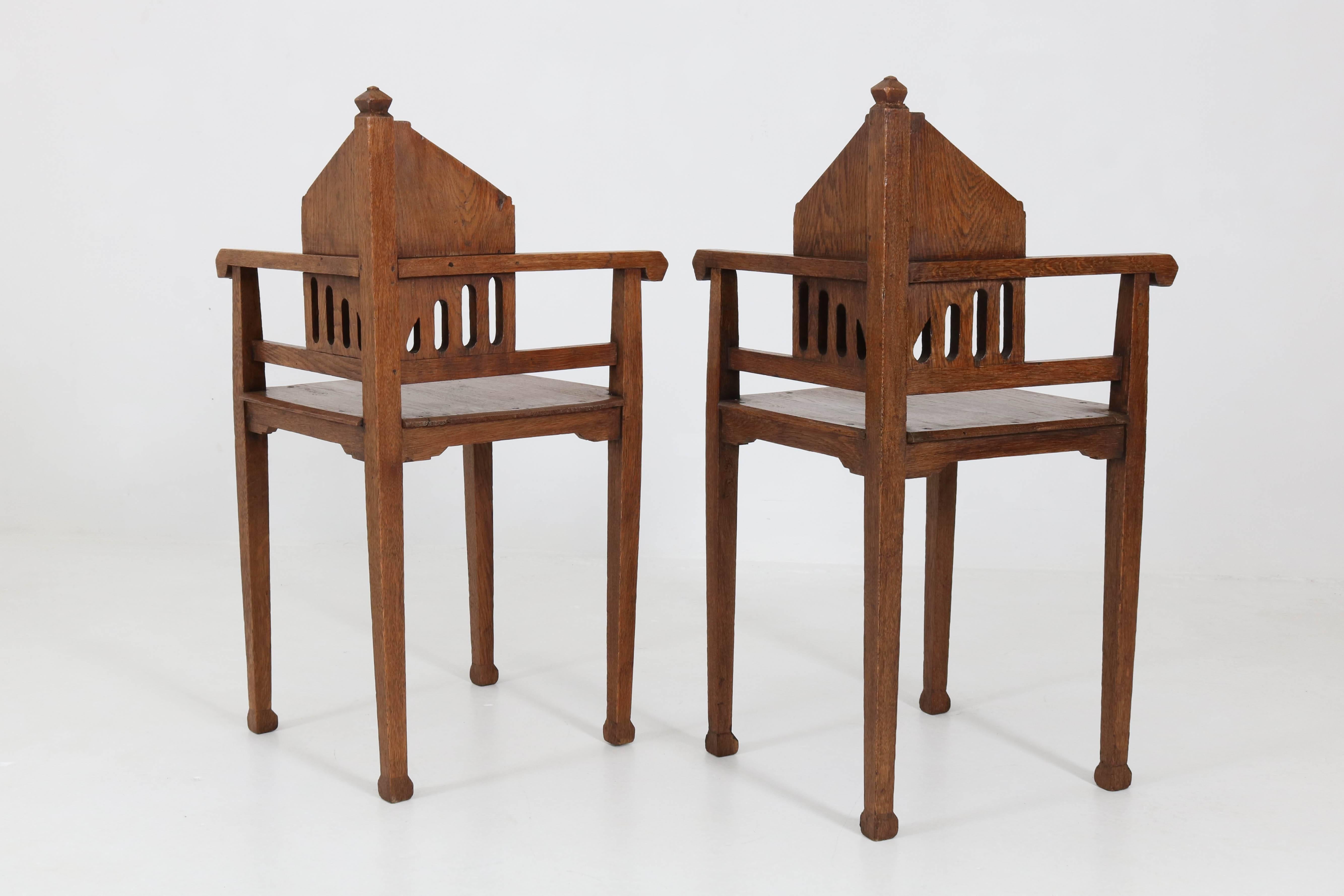 Arts and Crafts Two Oak Dutch Arts & Crafts Art Nouveau Corner Chairs, 1900s