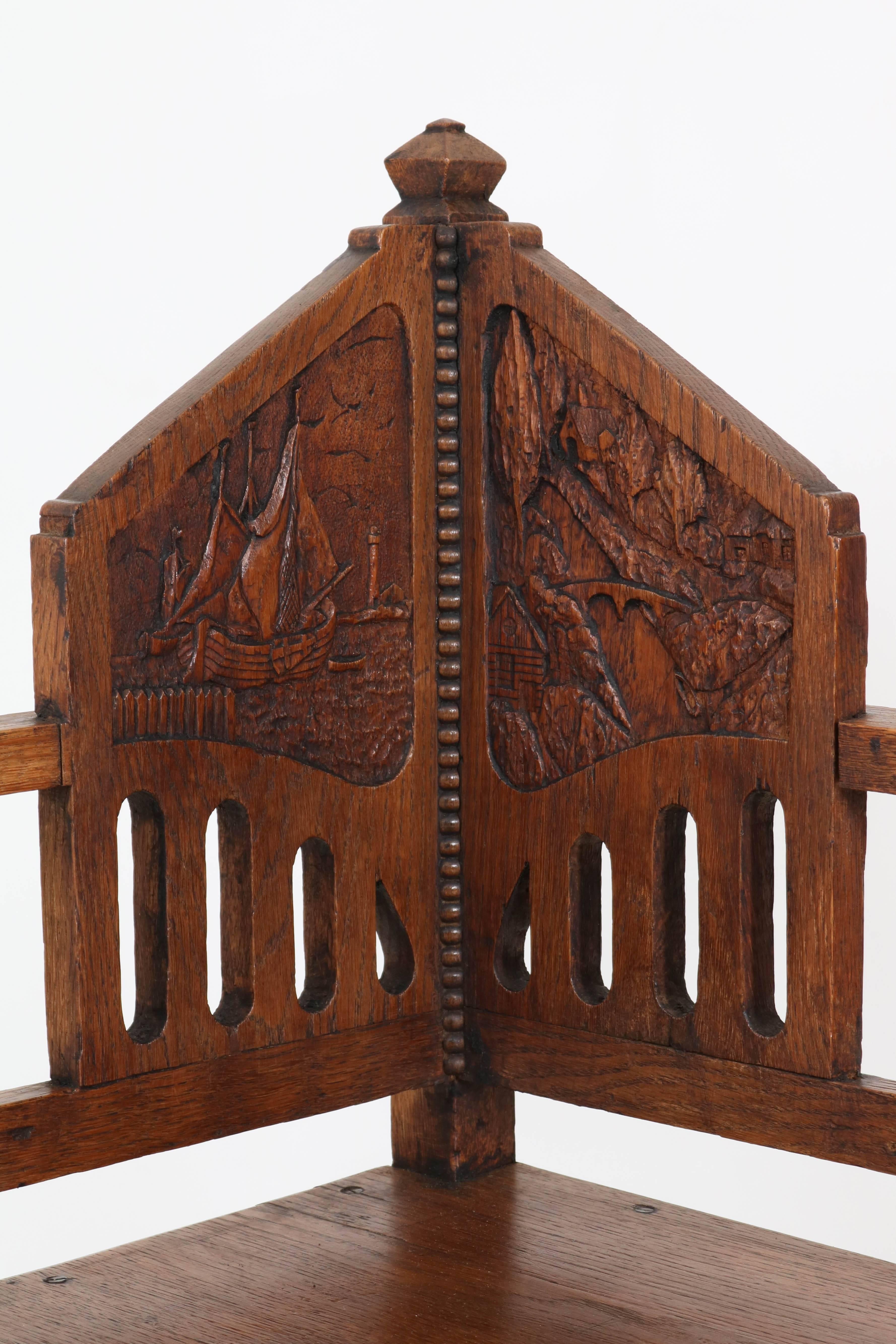 Two Oak Dutch Arts & Crafts Art Nouveau Corner Chairs, 1900s 4