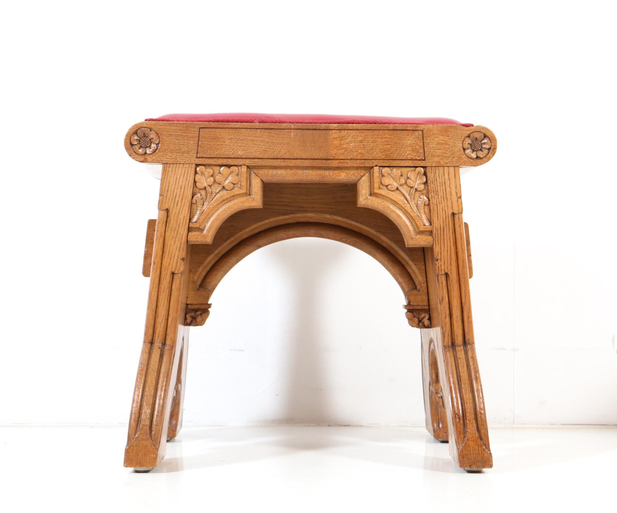Leather Two Oak Gothic Revival Stools, 1900s For Sale