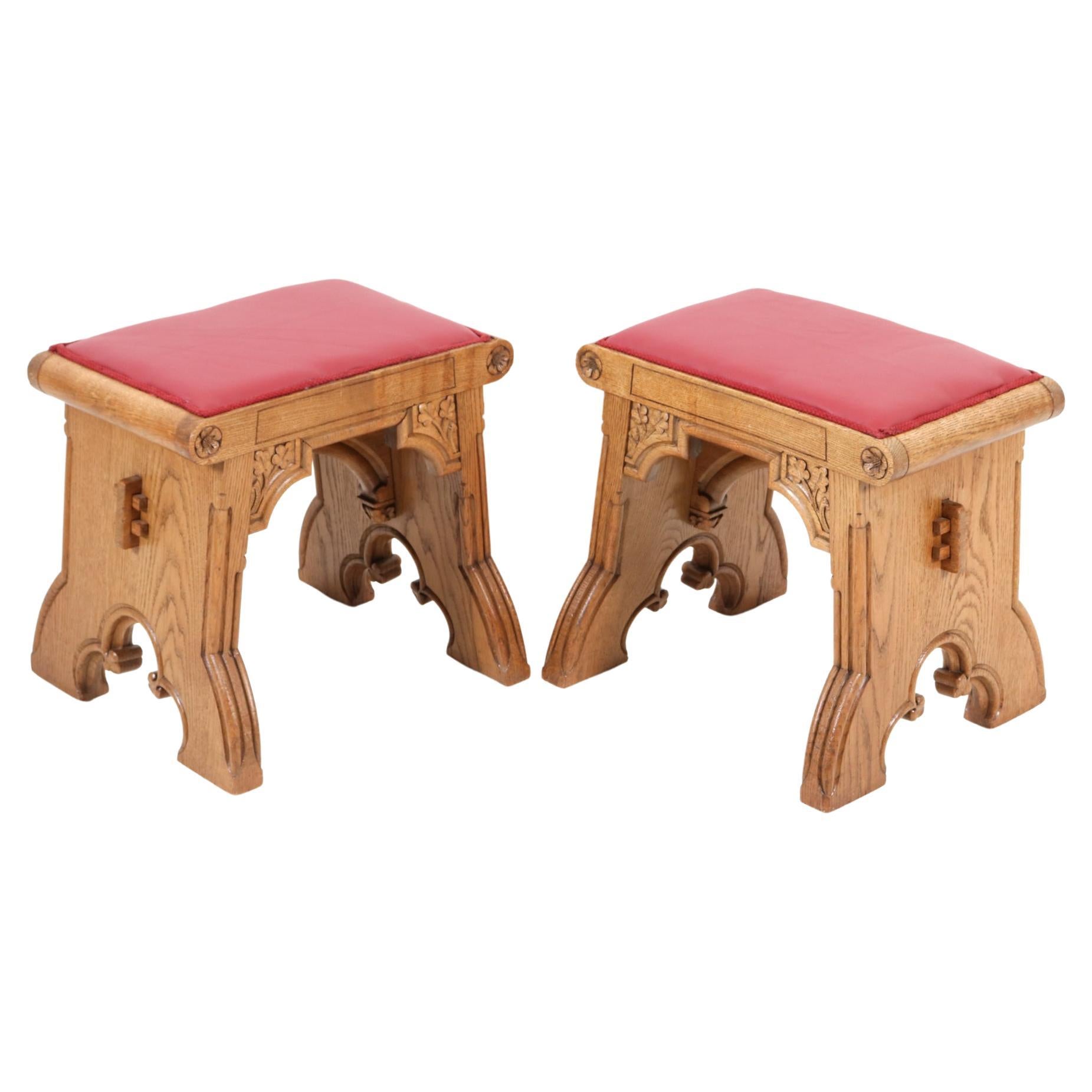 Two Oak Gothic Revival Stools, 1900s For Sale