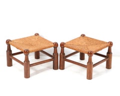 Two Oak Modernist Stools or Foot Rests with Rush Seats, 1960s
