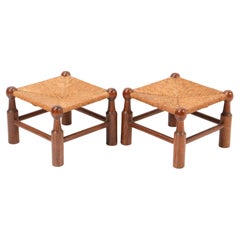 Two Oak Modernist Stools or Foot Rests with Rush Seats, 1960s