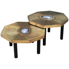 Two Octagonal Coffee Tables, Patinated Acid Etched Brass and Agate Slices