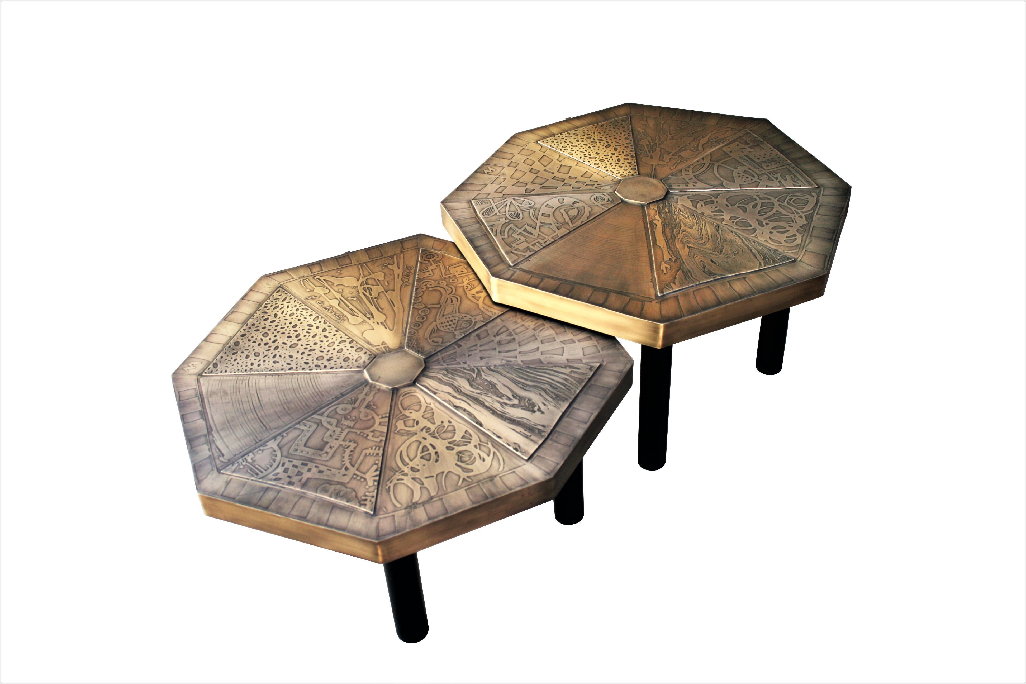 Belgian made octagonal brass acid etched cocktail tables. 
Producer: Belgali. Design: Felix de Boussy
only for the fortunate.
Dimensions are per table. Measures: Dia 61 x H 36, Dia 61 x H 31.




 
