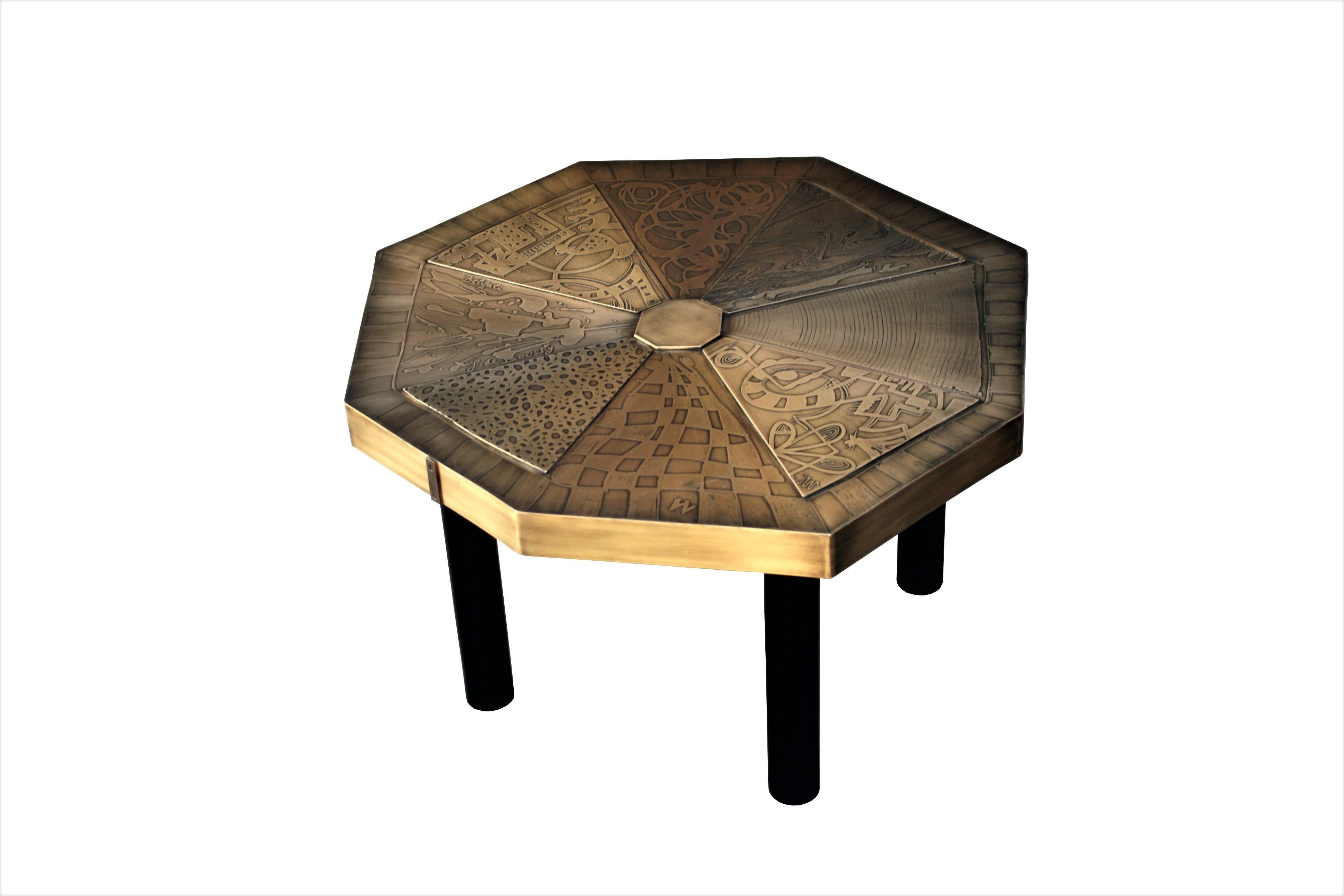 Belgian Two Octagonal Coffee Tables, Patinated Acid Etched Brass For Sale