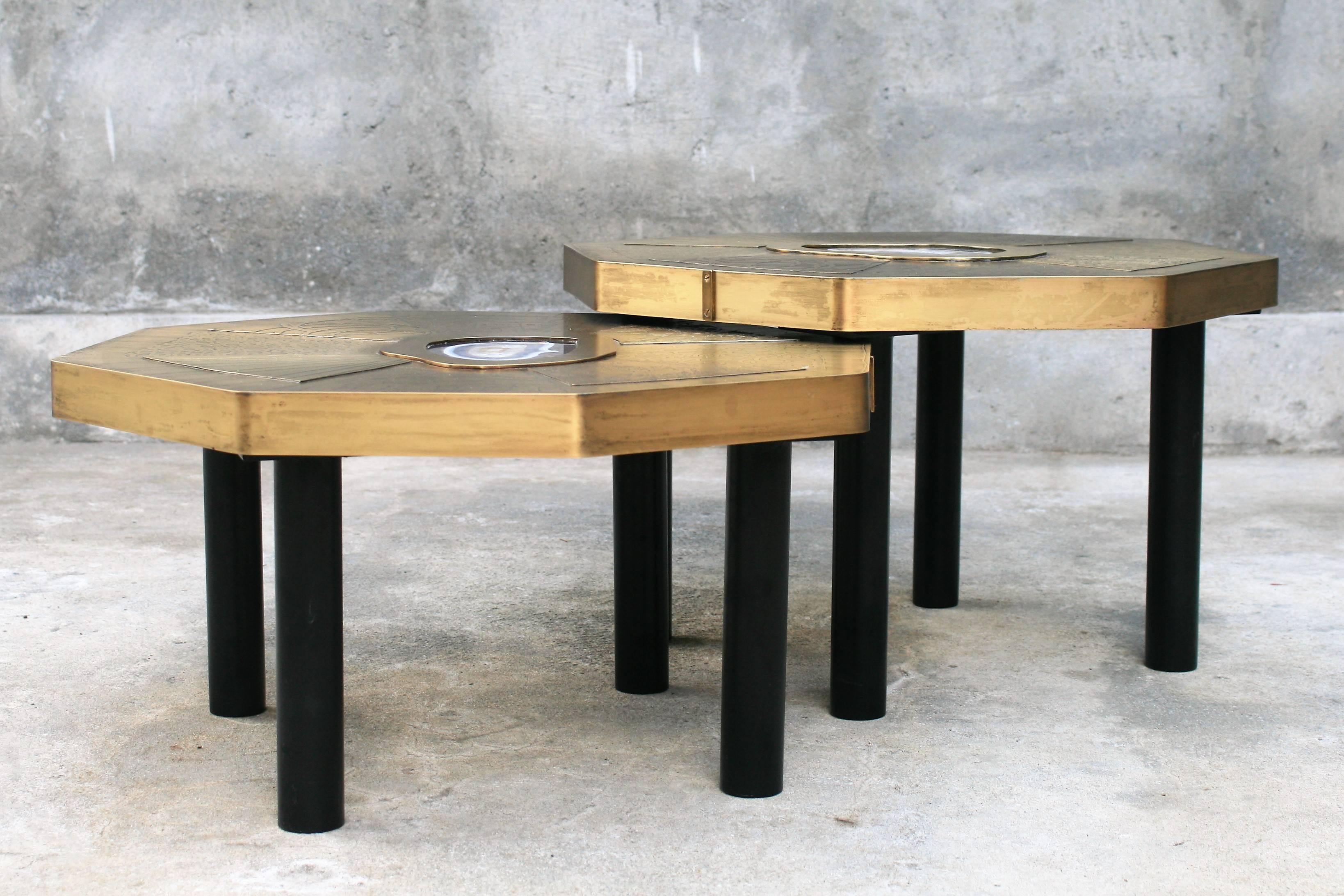 Contemporary Two Octagonal Coffee Tables, Patinated Acid Etched Brass and Agate Slices