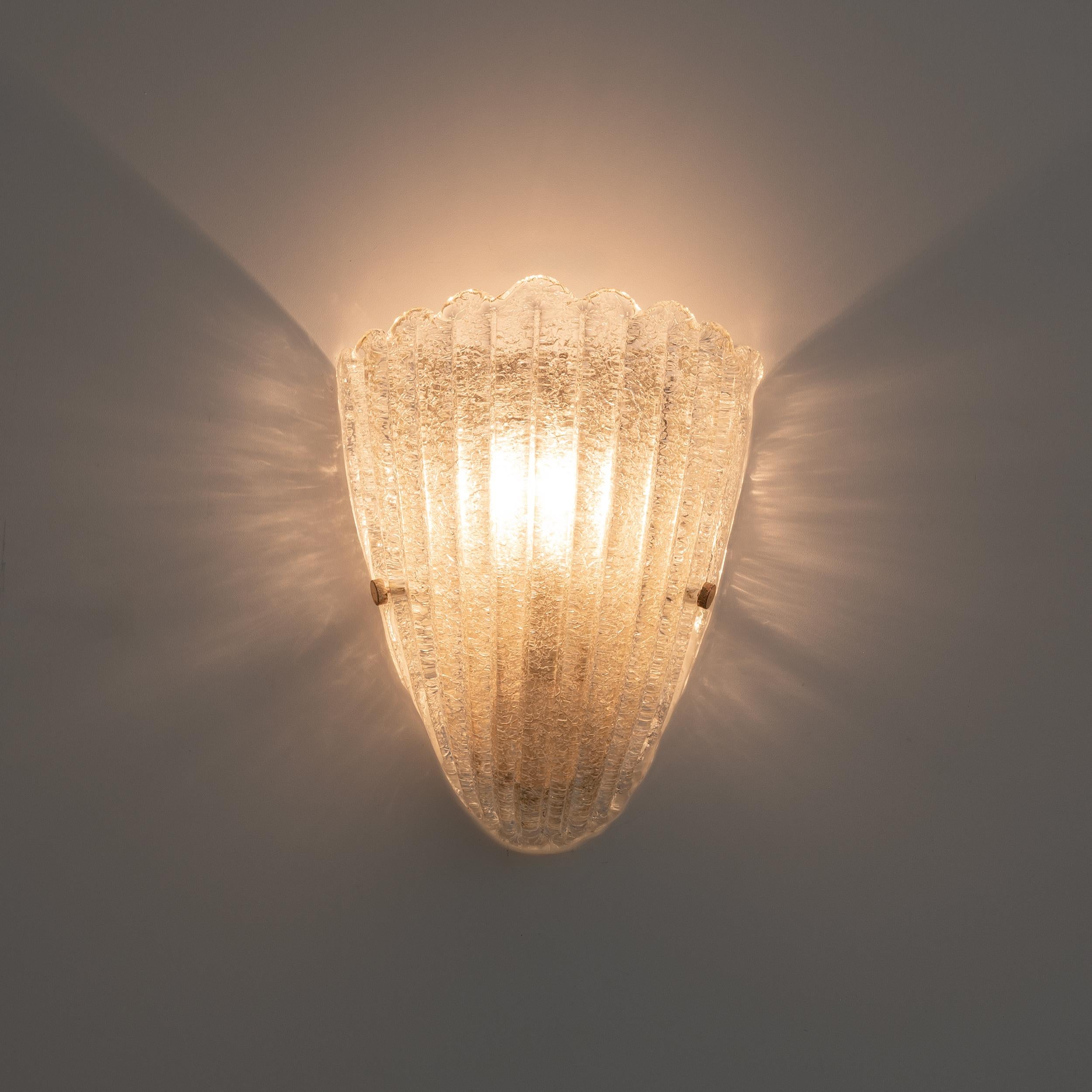 Art Deco Two of Barovier Mid-Century Modern Italian Murano Glass Shell Sconces, 1960s