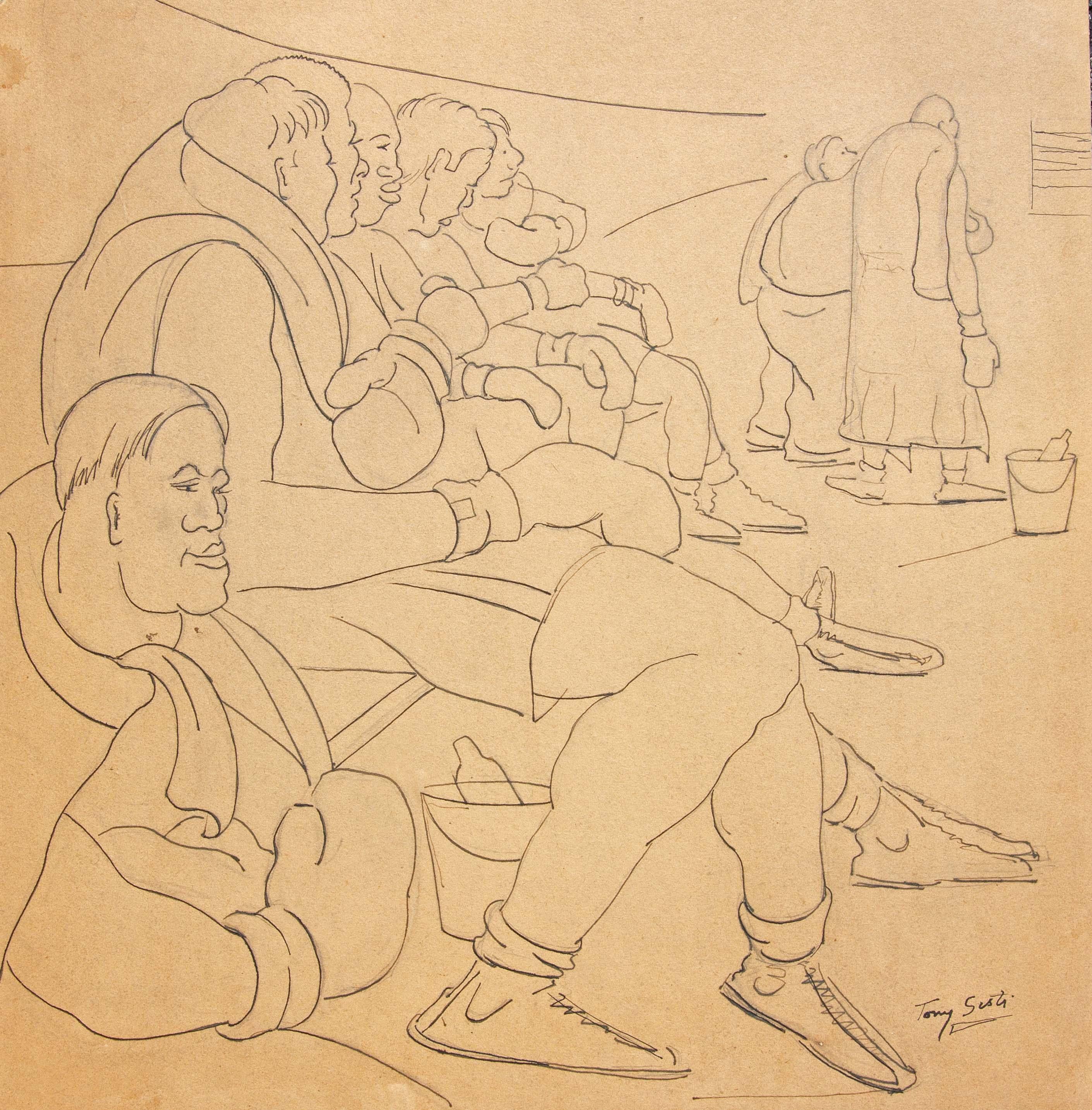 Drei Zeichnungen von Boxern von Tony Sisti. Sisti war ein Meister des Zeichnens. Mit nur wenigen Zeilen fängt er den Moment ein. Sisti war Profiboxer und ein begabter Künstler. Er war in der Lage, das Thema aus dem Blickwinkel des Boxers und des