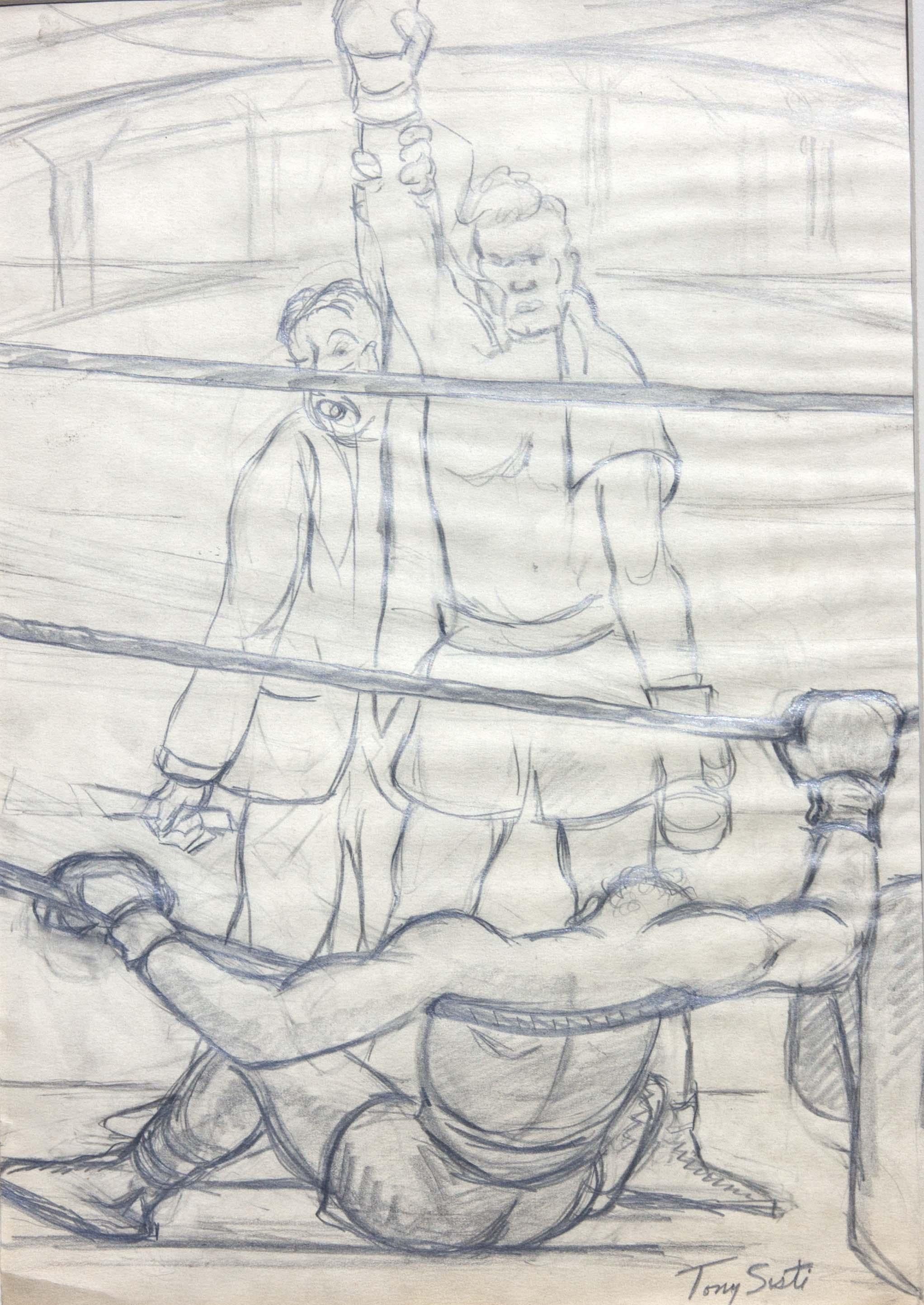 Two Boxing Drawings by Anthony Sisti Circa 1930's In Good Condition For Sale In Rochester, NY