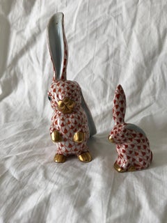 Two Red Herend Porcelain Rabbits One Ear Up
