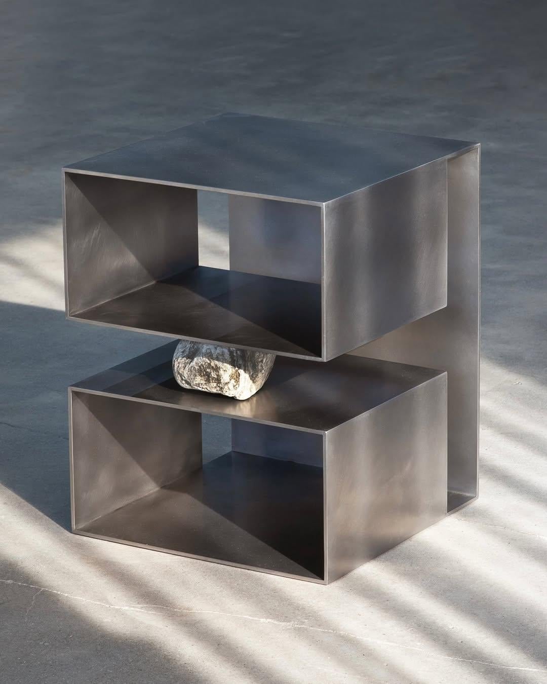 Two Open-Ended Rectangular Boxes Stainless Steel Stool with Stone by Lee Sisan In New Condition For Sale In Geneve, CH