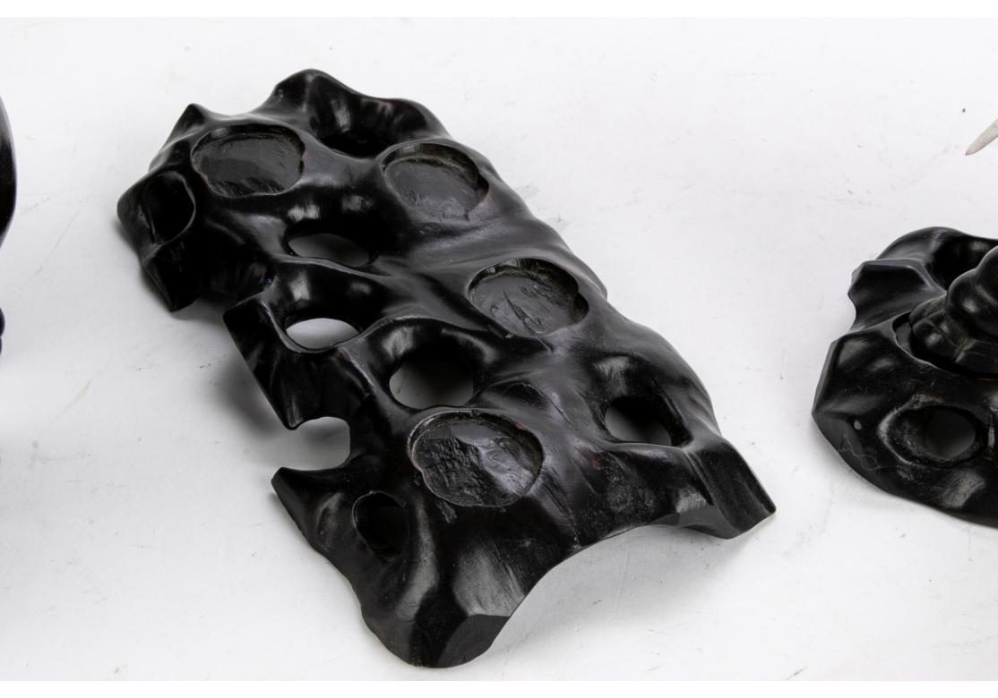 Wood Two Opposing Ebonized Elephant Figures With Stands For Sale