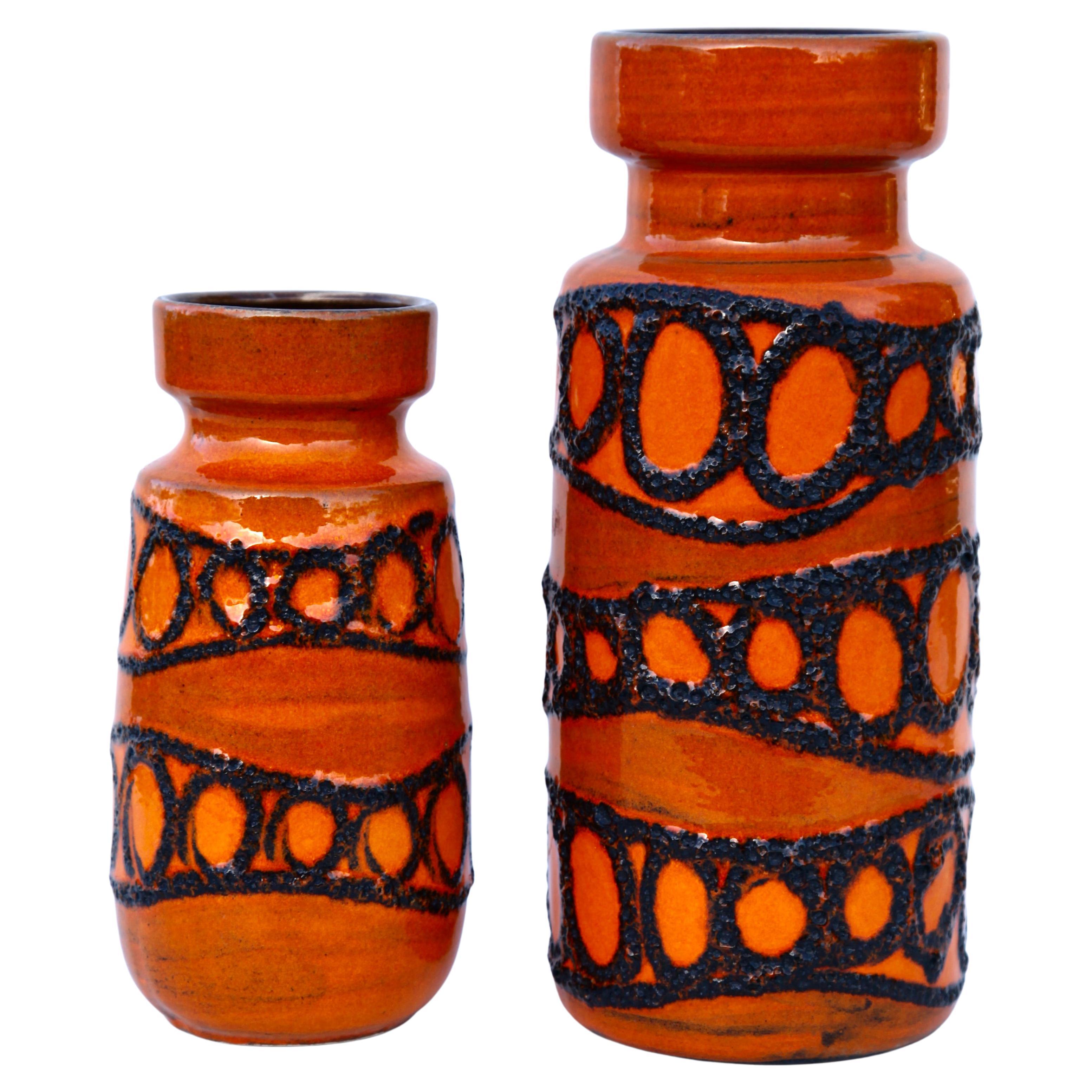 Two Fat Lava Vases by Scheurich with 'Tribal' Decor, W-Germany, 1960's