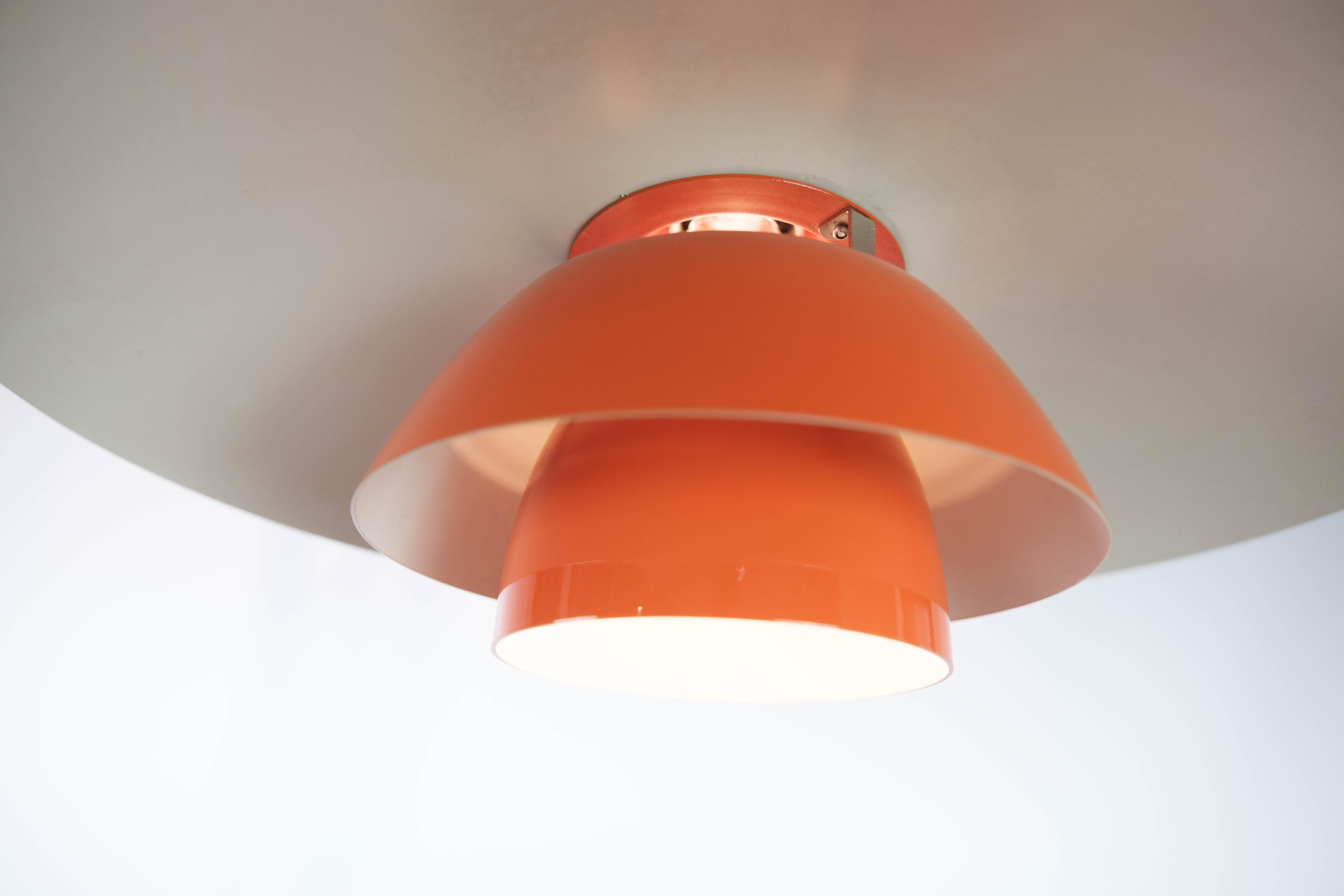 Lacquered Two Orange PH4 Pendants Designed by Poul Henningsen, 1950s