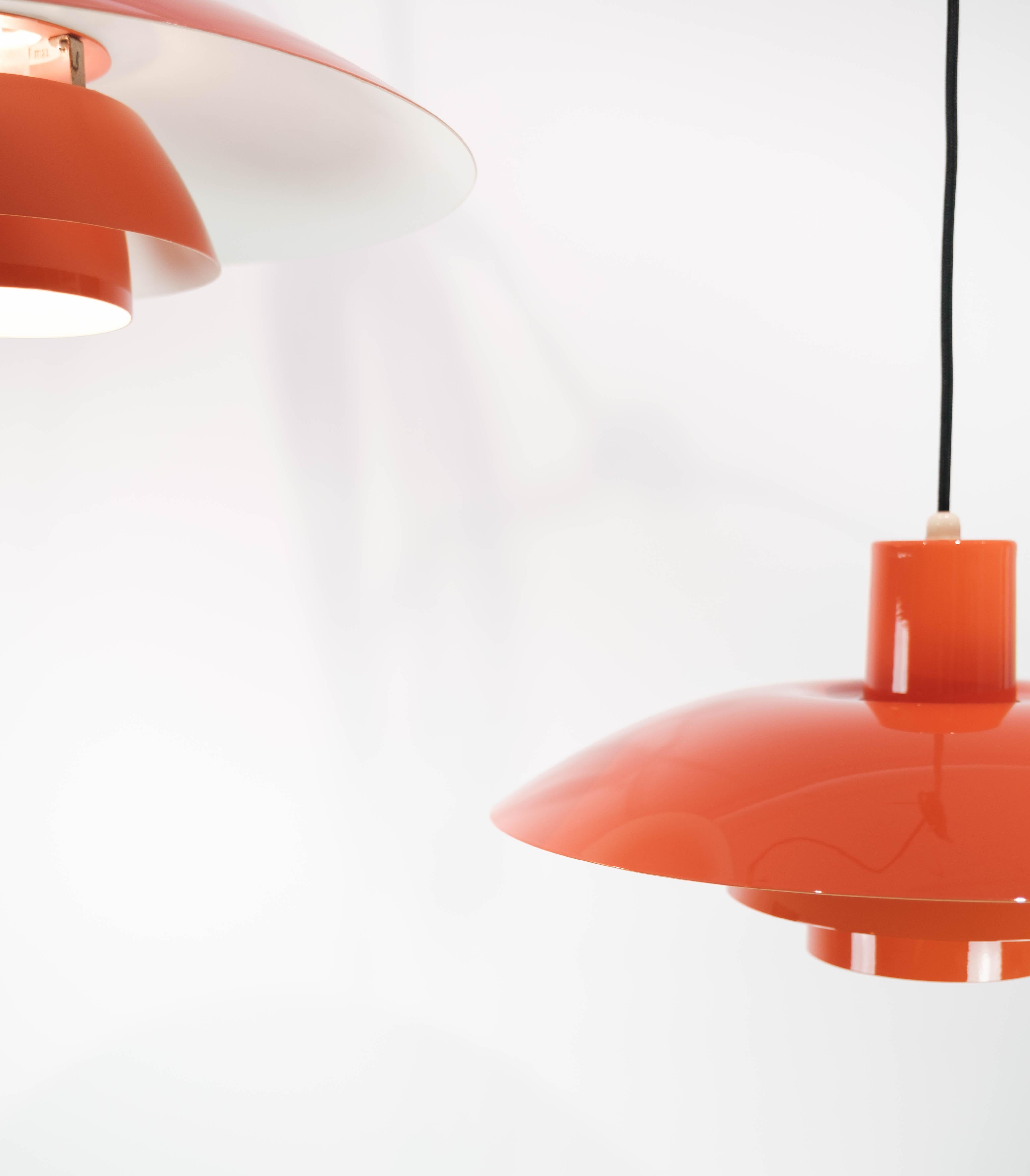 Mid-20th Century Two Orange PH4 Pendants Designed by Poul Henningsen, 1950s