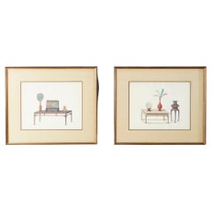 Two Oriental Interior Watercolor Paintings, Desk & Side Stand, 20th C