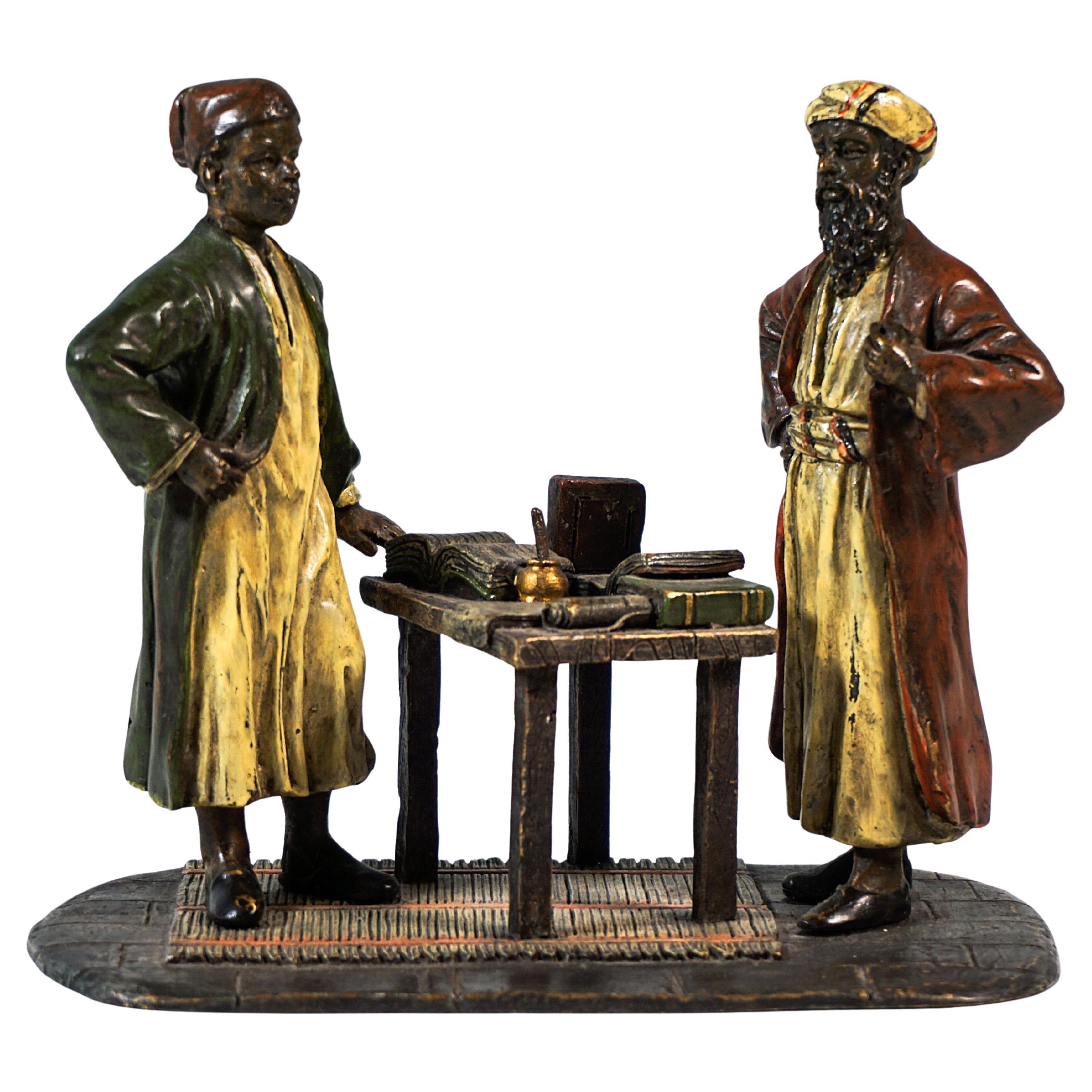 Two Oriental Scholars At A Table, Viennese Bronze by Bergmann, Around 1920 in vendita