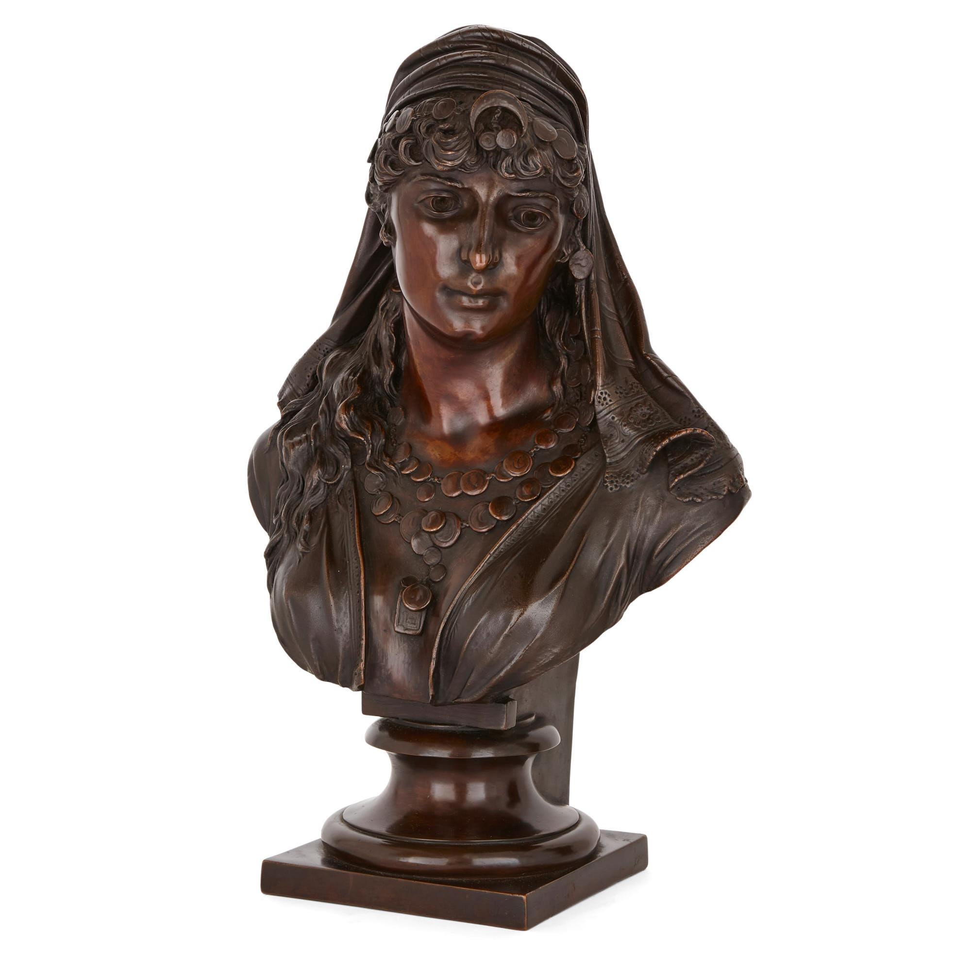 French Two Orientalist Spelter Busts of Female Figures For Sale