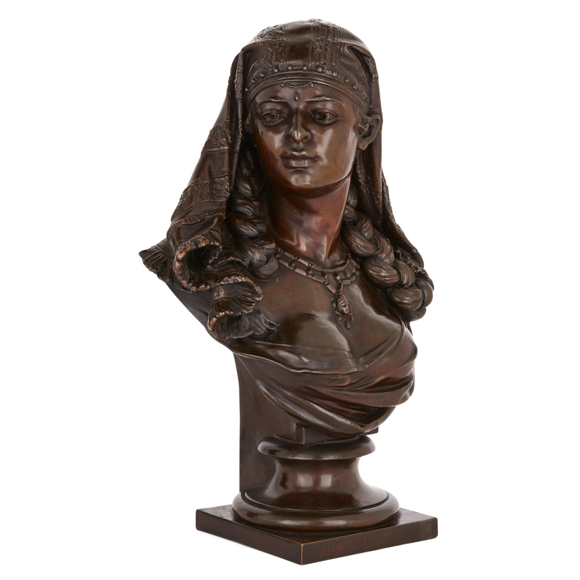 Patinated Two Orientalist Spelter Busts of Female Figures For Sale