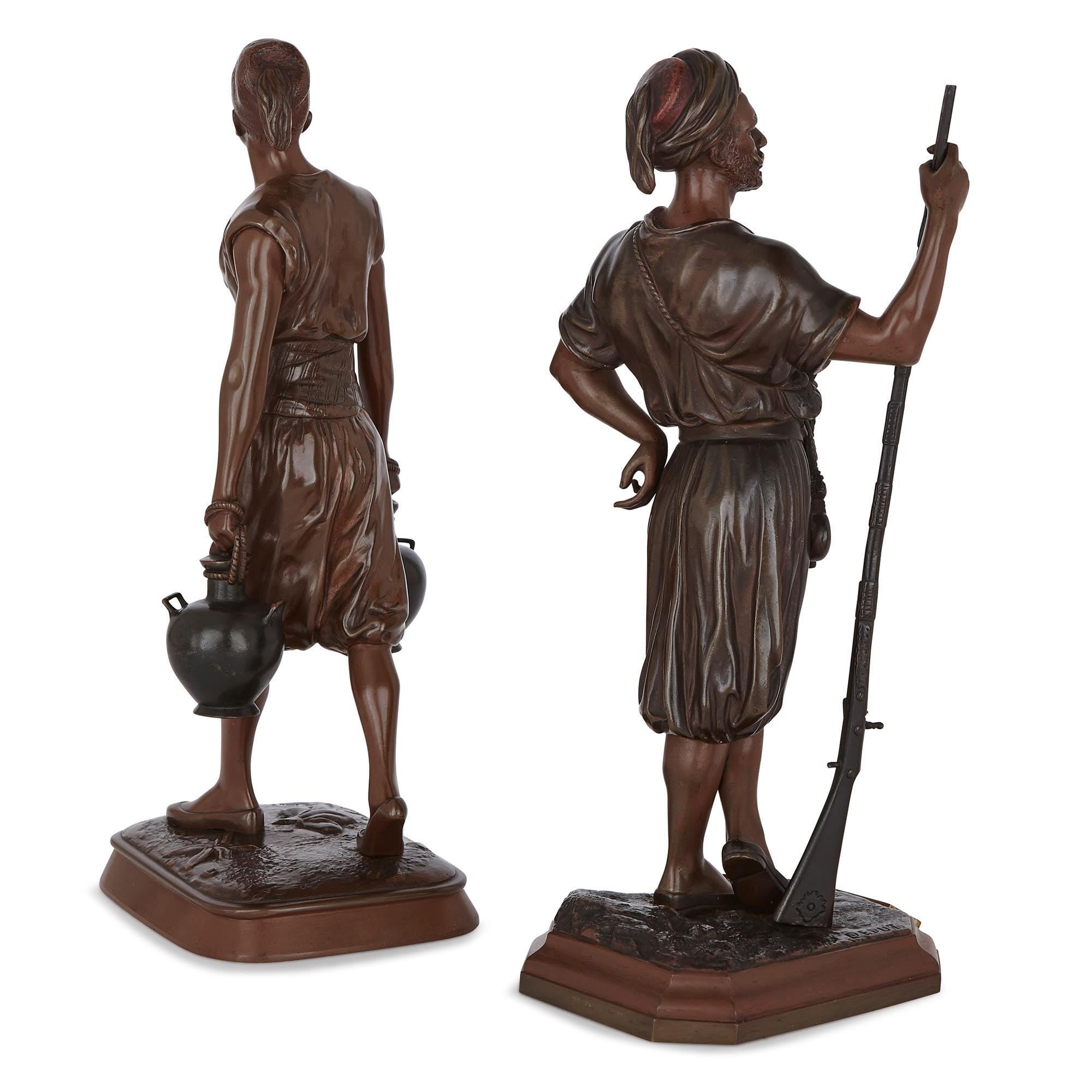 French Two Orientalist Style Patinated Bronze Maquettes by Marcel Début For Sale