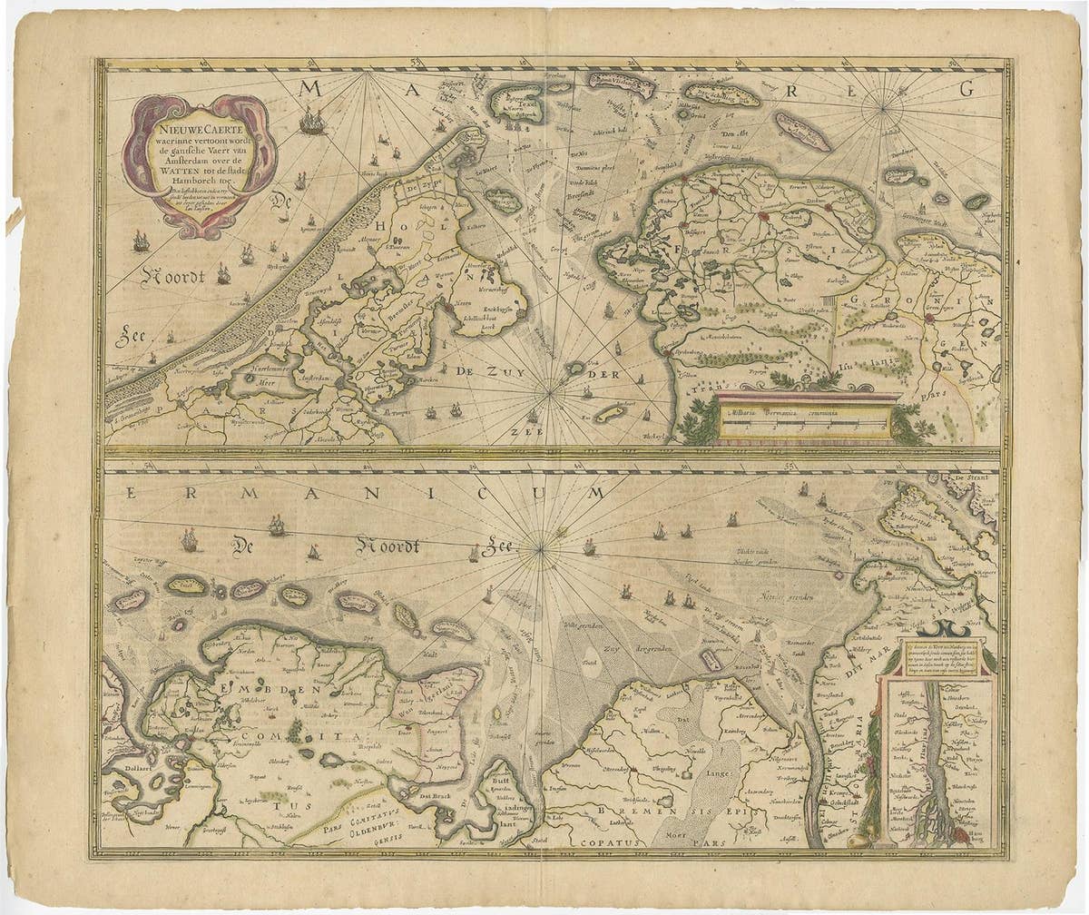 Two Original Antique Engravings with the Dutch and German North Sea Coast, c1650