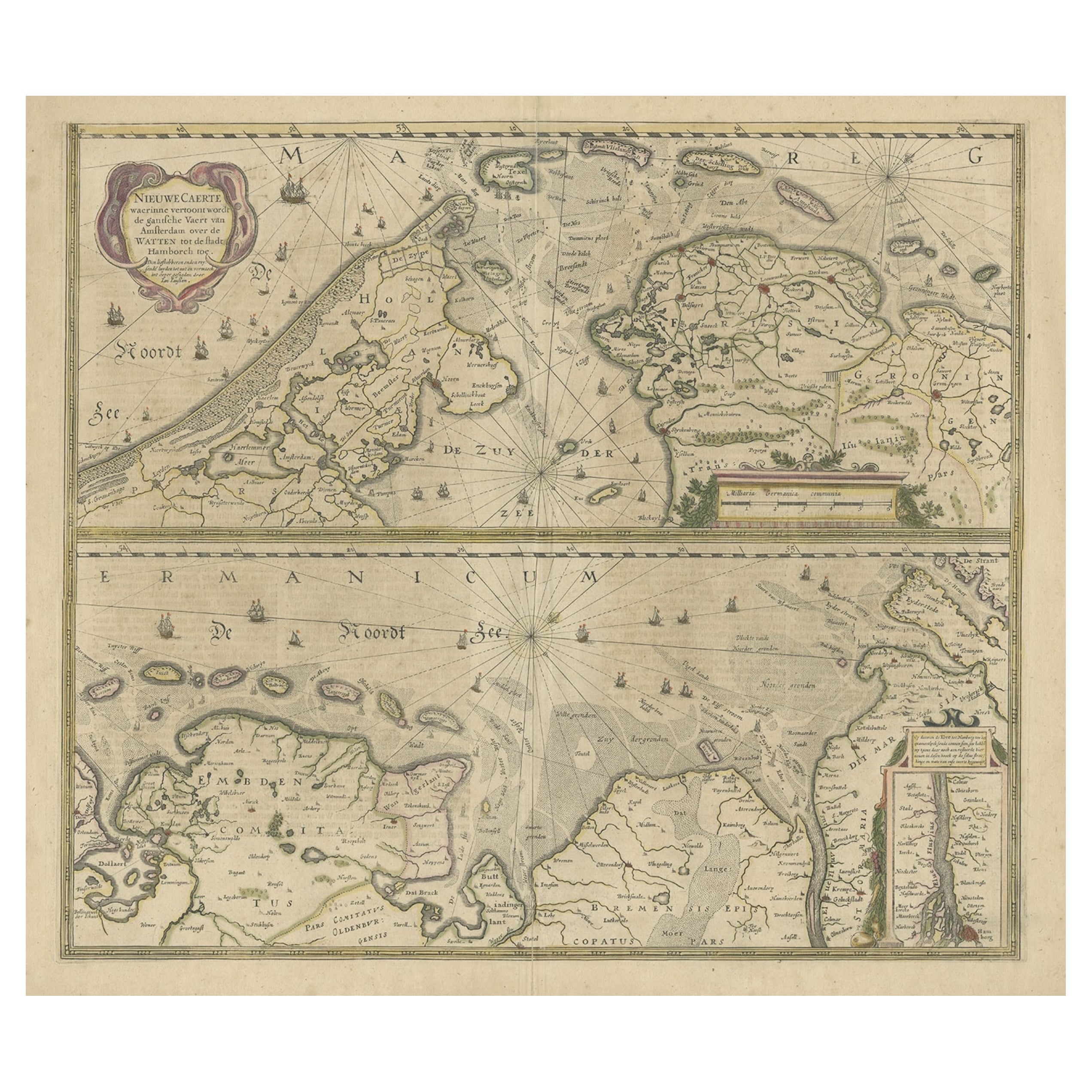 Due incisioni antiche originali con la costa olandese e tedesca del Mare del Nord, 1650 ca. in vendita