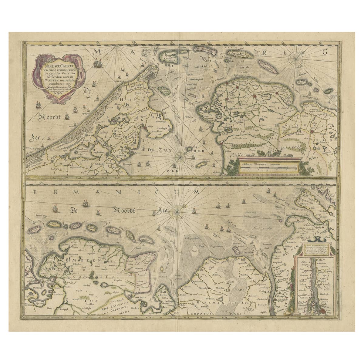Two Original Antique Engravings with the Dutch and German North Sea Coast, c1650