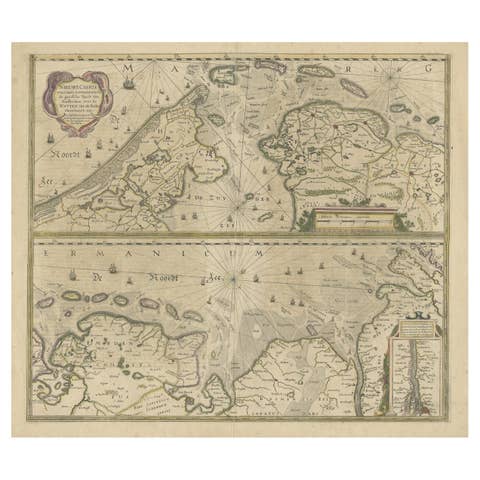 Two Original Antique Engravings with the Dutch and German North Sea Coast, c1650