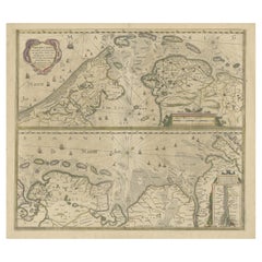 Originale antike Gravuren mit der niederländischen und deutschen Nordseeküste, um 1650