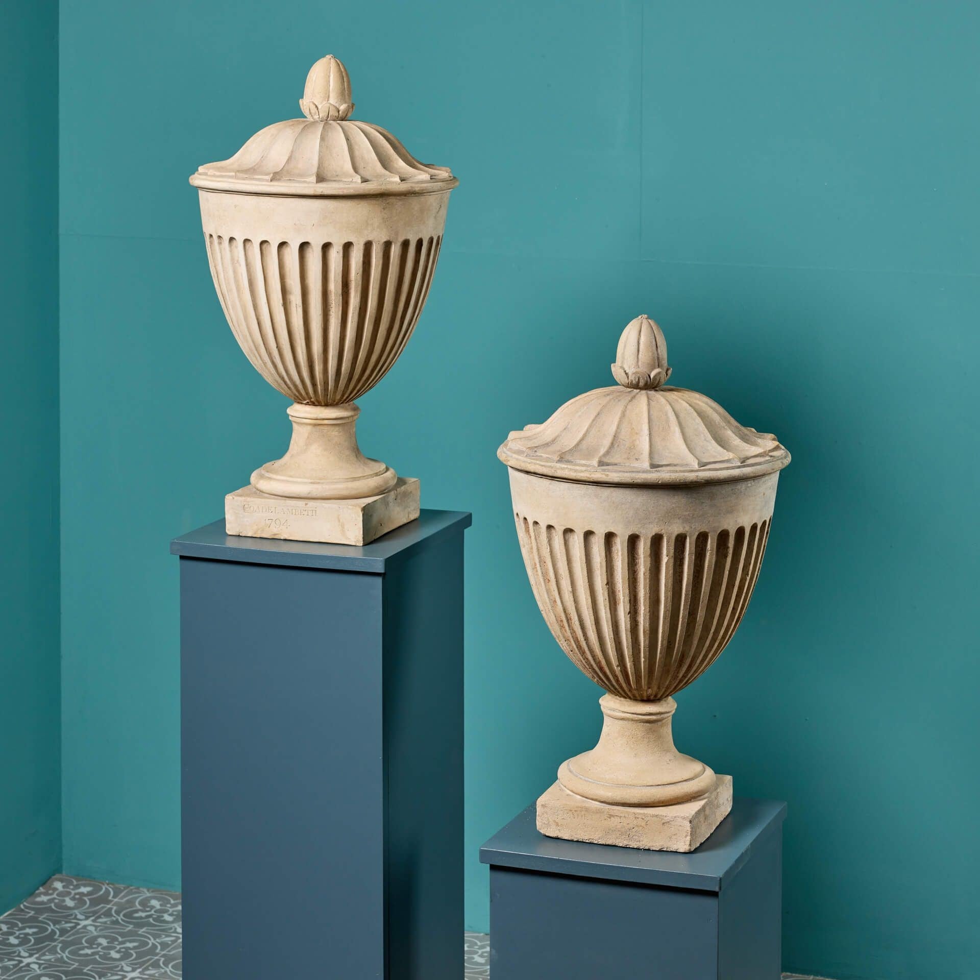 Two Original Coade Stone Urn Finials For Sale