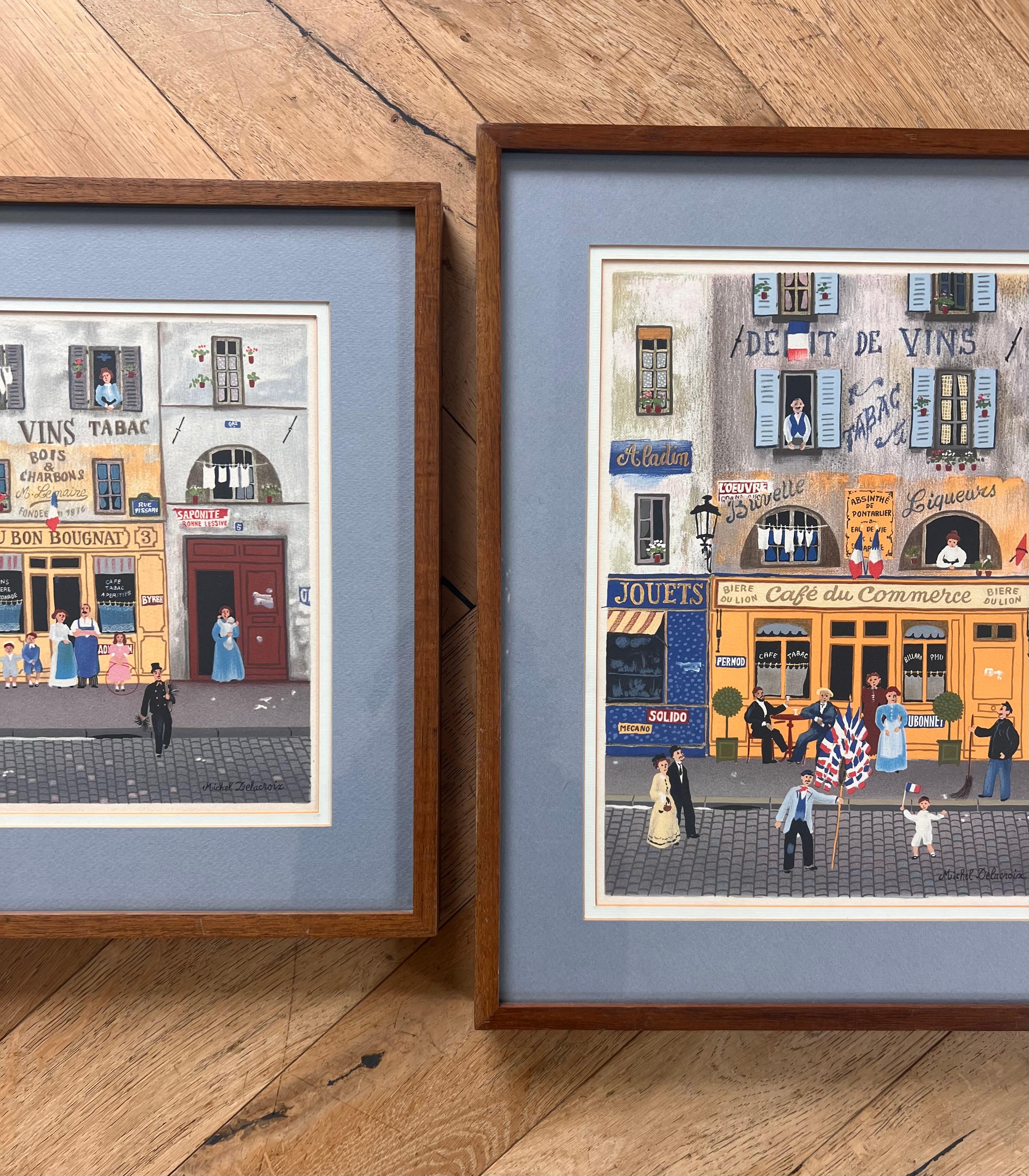 A pair of framed fine art original primitive prints of Parisian street scenes by French artist Michel Delacroix, signed, framed in wood by Arteriors, double matted, and behind glass, late 20th century. Printed on high quality Japon paper, close