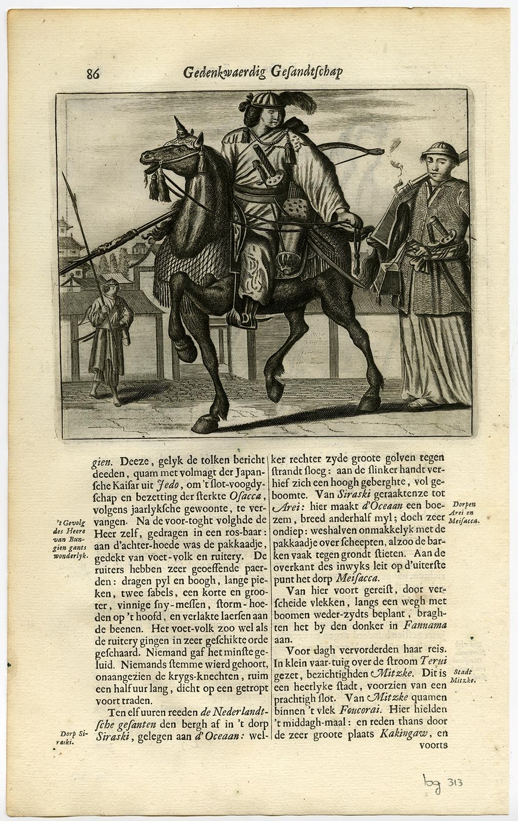 One sheet with two engravings:

One print is titled: 'Siccabonsii, Japansche Papen. [verso: Japanese soldiers].' 

An image of a Japanese priest. In one hand hee holds a long rope with a thick knot in it. In the other he holds aloft a copper