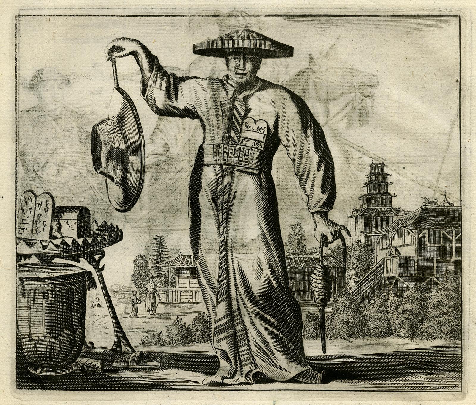 Original japanische Original-Stickerei auf einem Blatt, Soldaten und ein Priester, 1669 im Zustand „Gut“ im Angebot in Langweer, NL