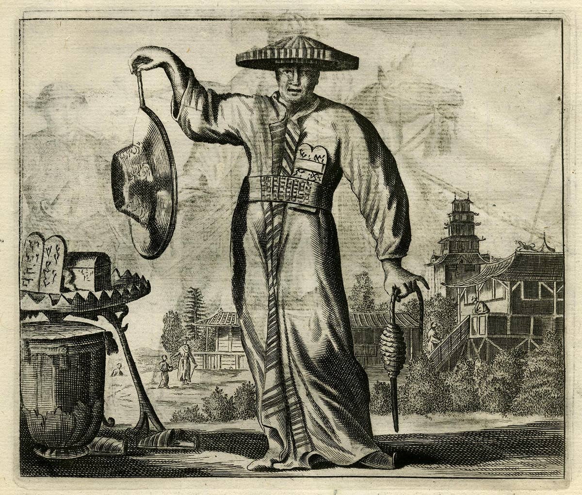 Two Original Japanese Engravings on One Sheet, Soldiers & a Priest, 1669