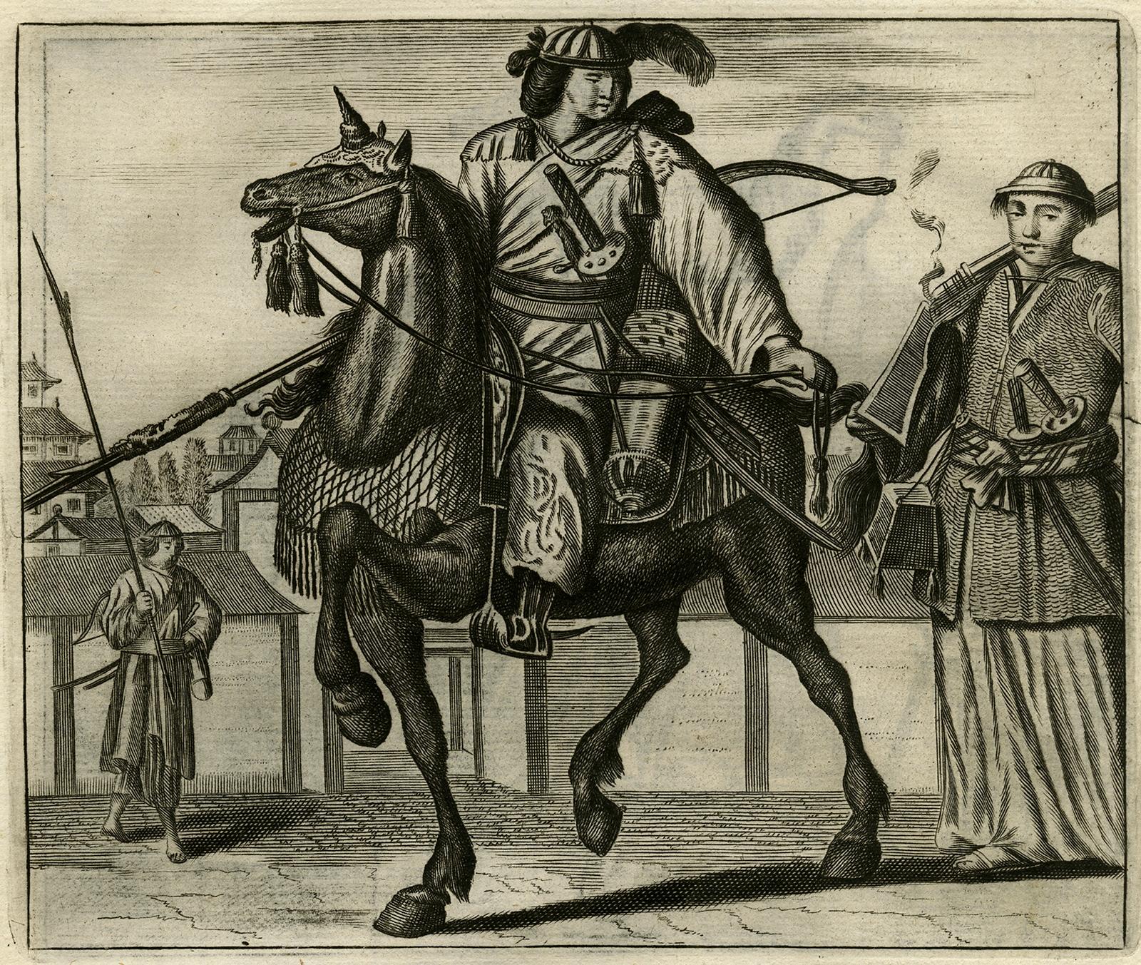 Mid-17th Century Two Original Japanese Engravings on One Sheet, Soldiers & a Priest, 1669 For Sale