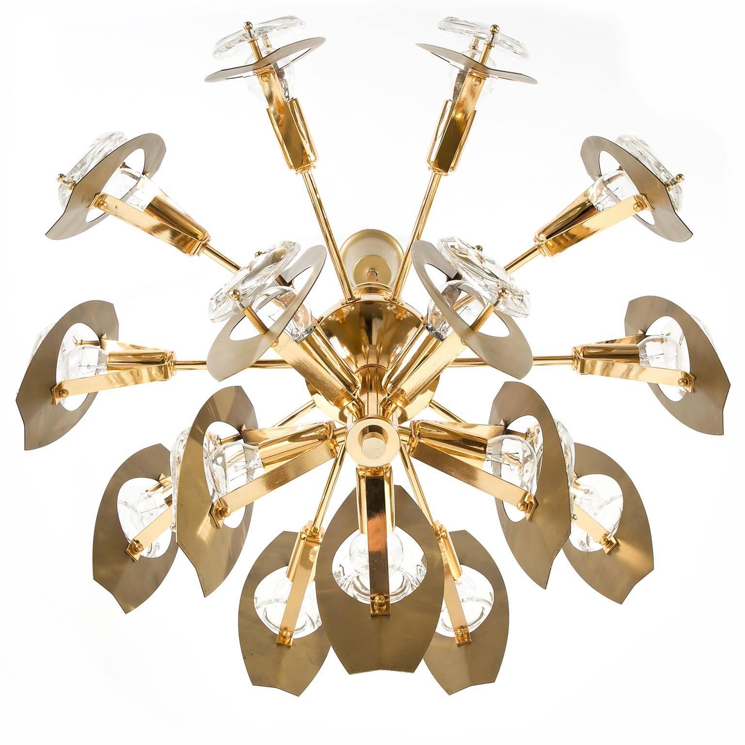 Lacquered Two Oscar Torlasco Chandeliers, Glass Gilt Brass, Italy, 1960s